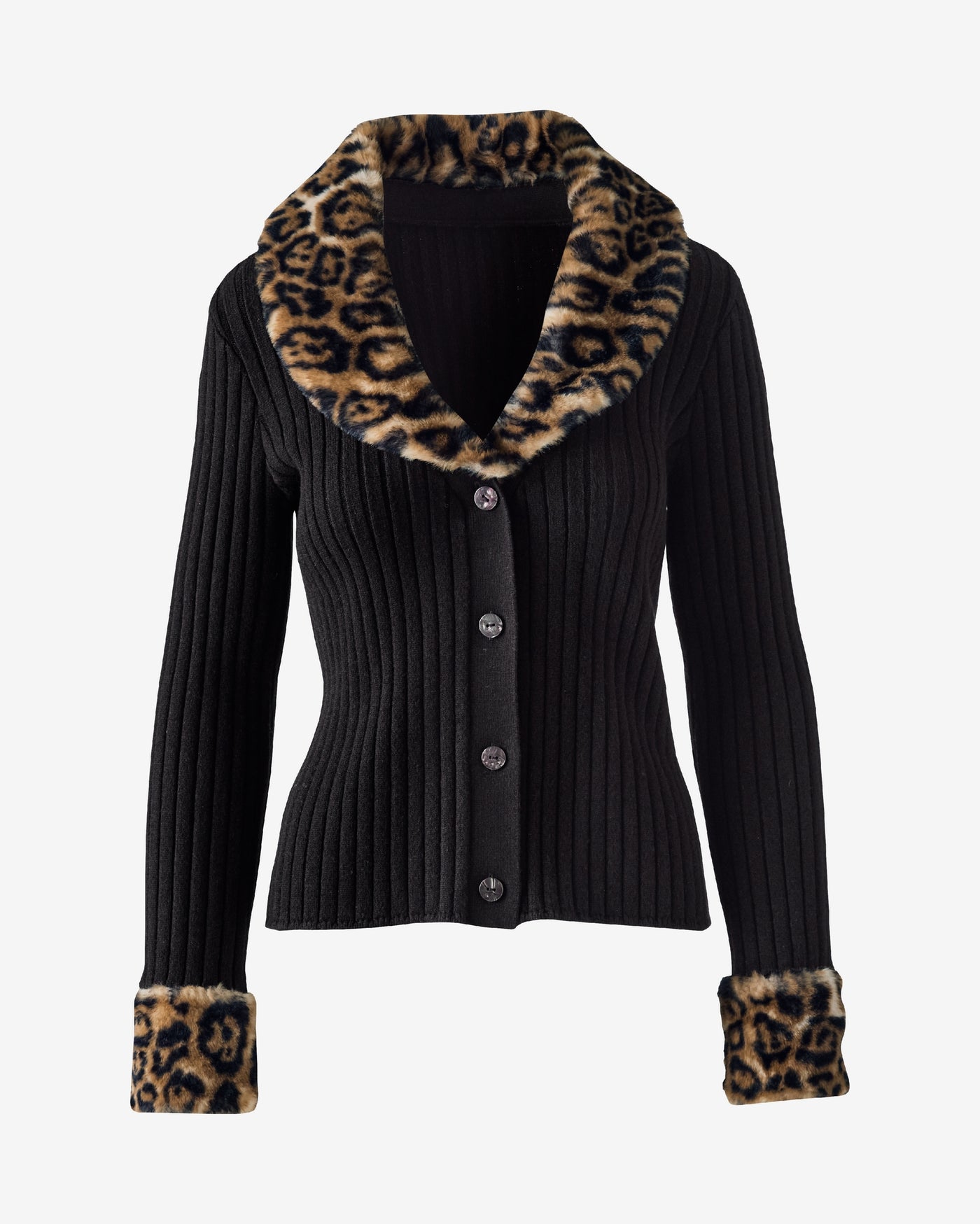 Button Front Faux Fur Trimmed Cardigan Black/Leopard