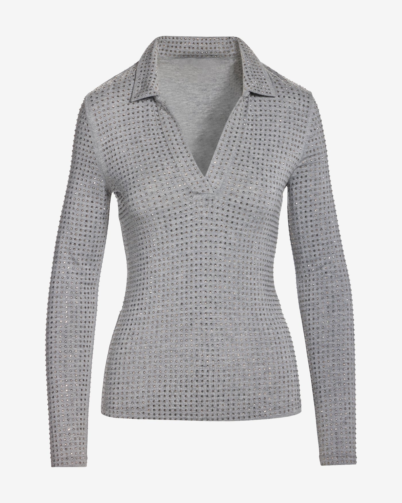 All Over Rhinestone Collared Top Heather Gray