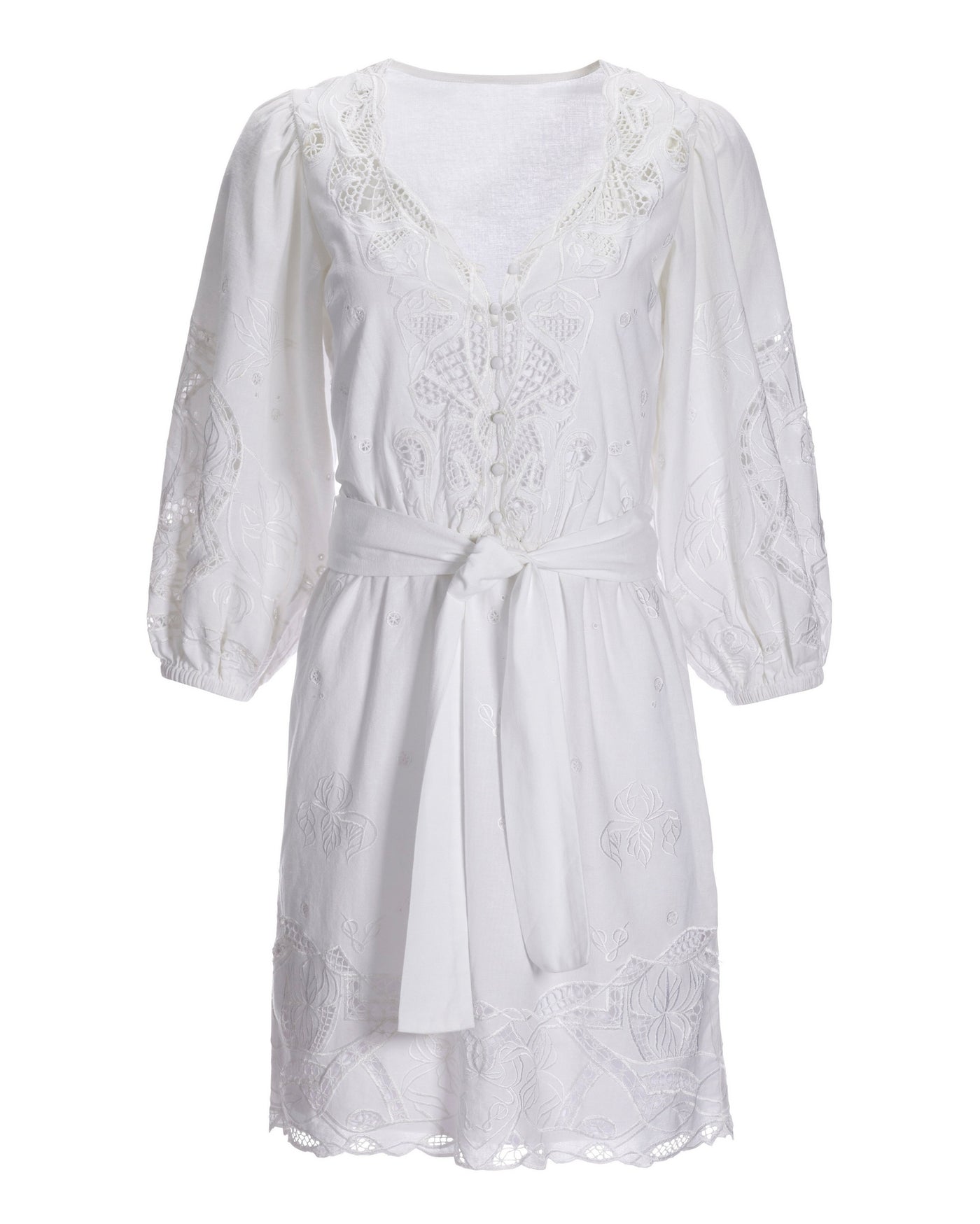 Puff-Sleeve Eyelet Fit-And-Flare Dress White