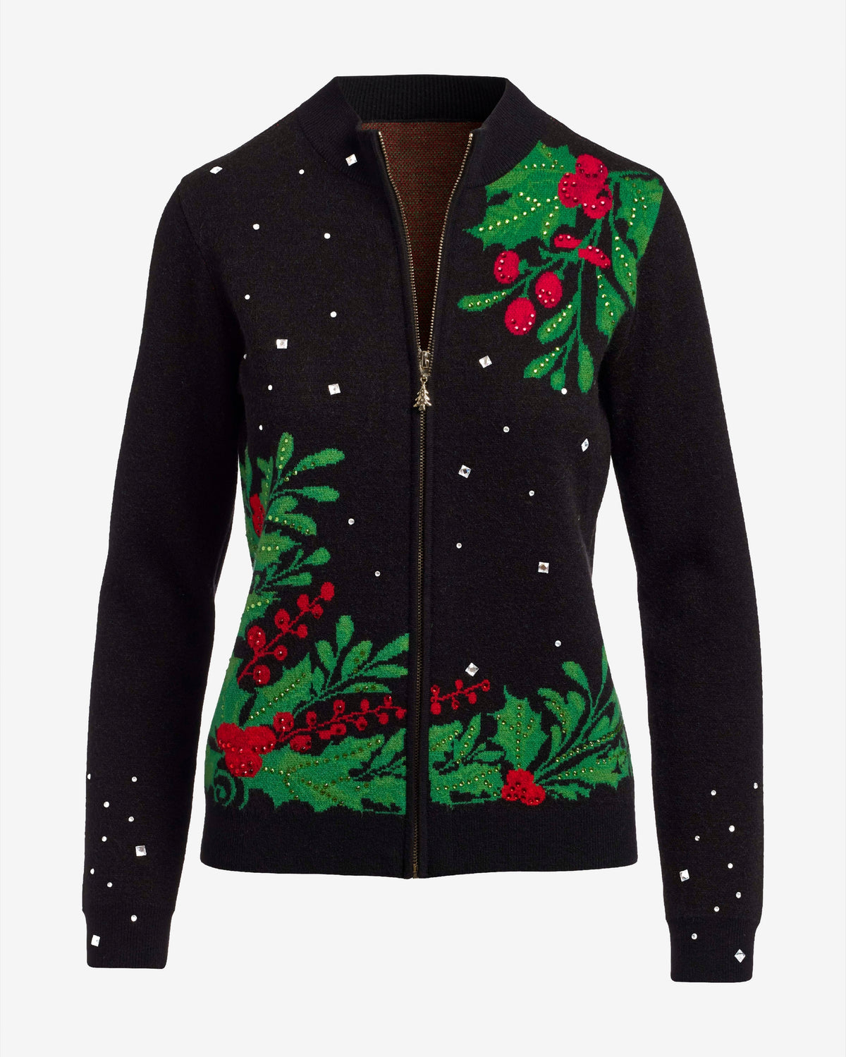 Embellished Mistletoe Zip Up Cardigan Black Multi