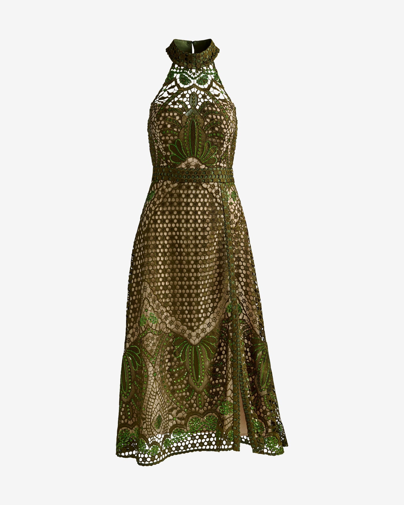 Tonal Sequin Embellished Lace Dress Olive