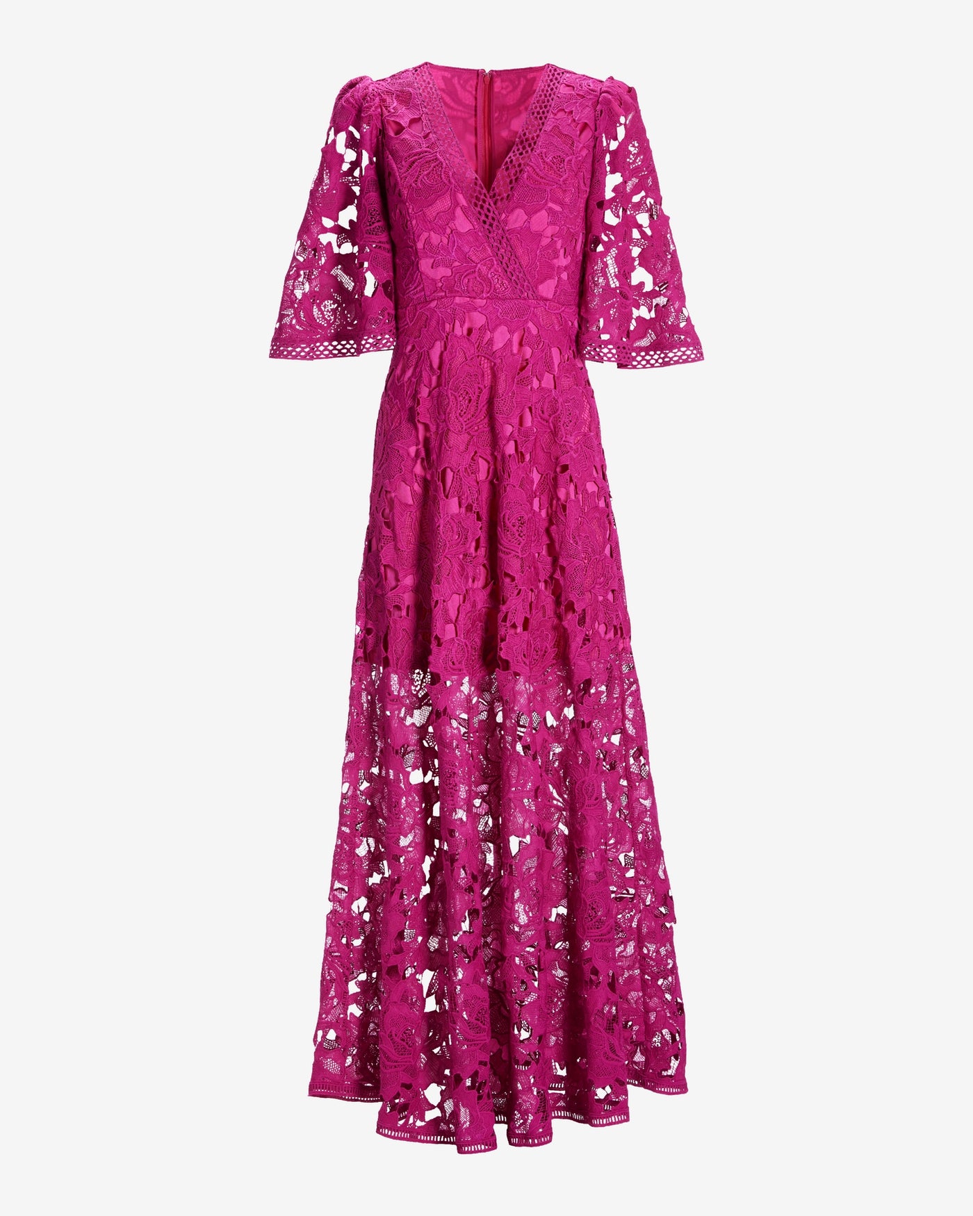 Lace Flounce Sleeve Maxi Dress Fuchsia Red