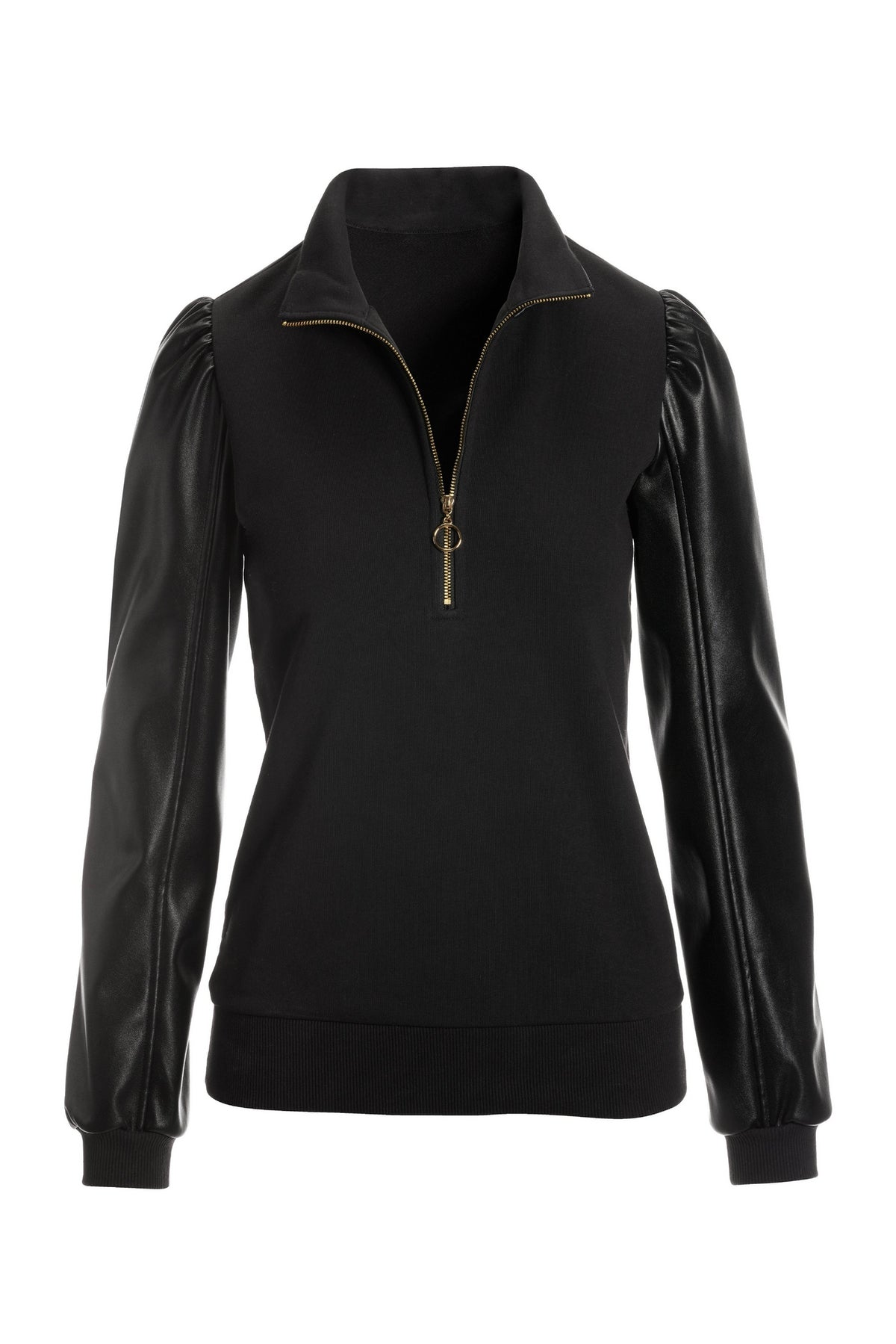Faux Leather Sleeve Sweatshirt Black