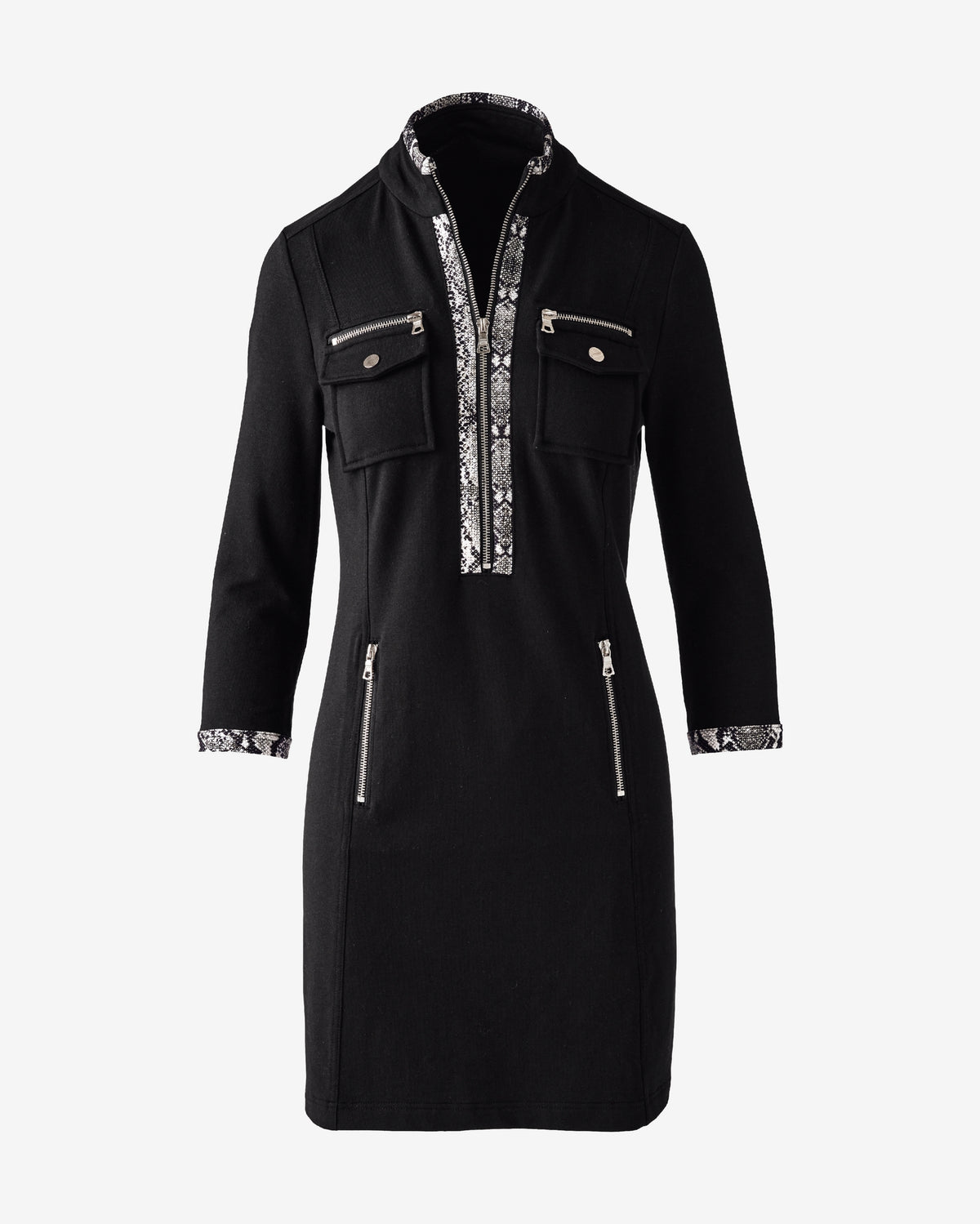 Three Quarter Sleeve Chic Zip Dress With Printed Trim Black