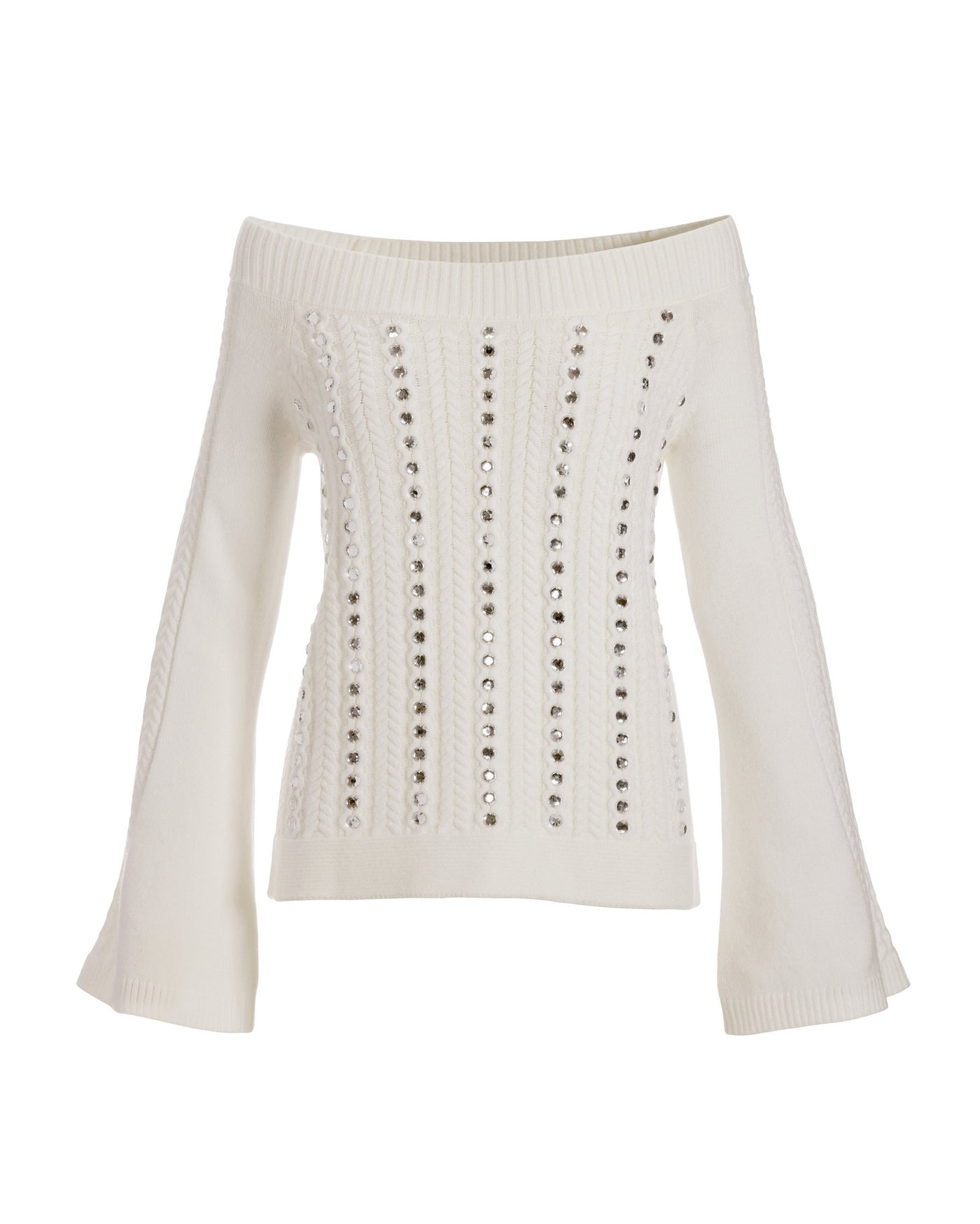 Rhinestone Embellished Off The Shoulder Sweater Off White
