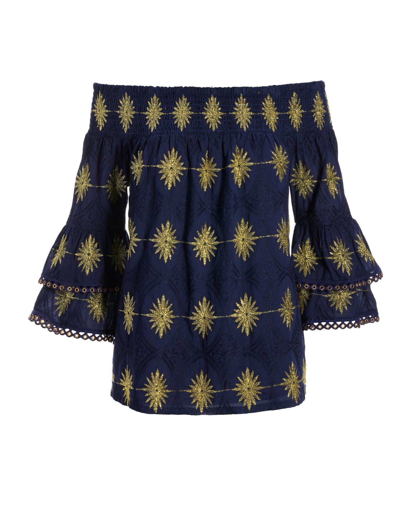 Metallic Off-The-Shoulder Tiered-Sleeve Blouse Navy/Gold
