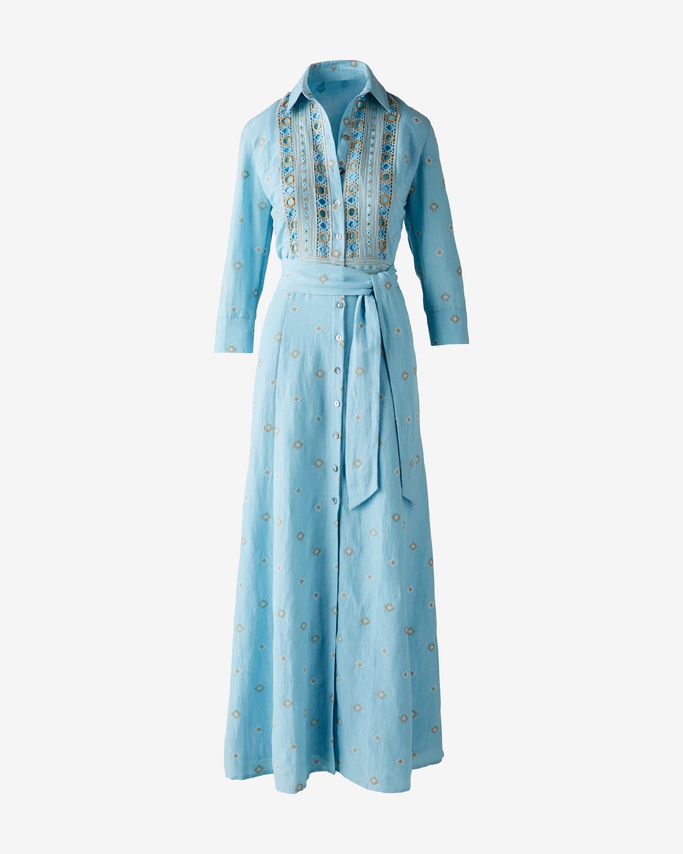 Button Up Maxi Dress with Embroidery Blue Topaz