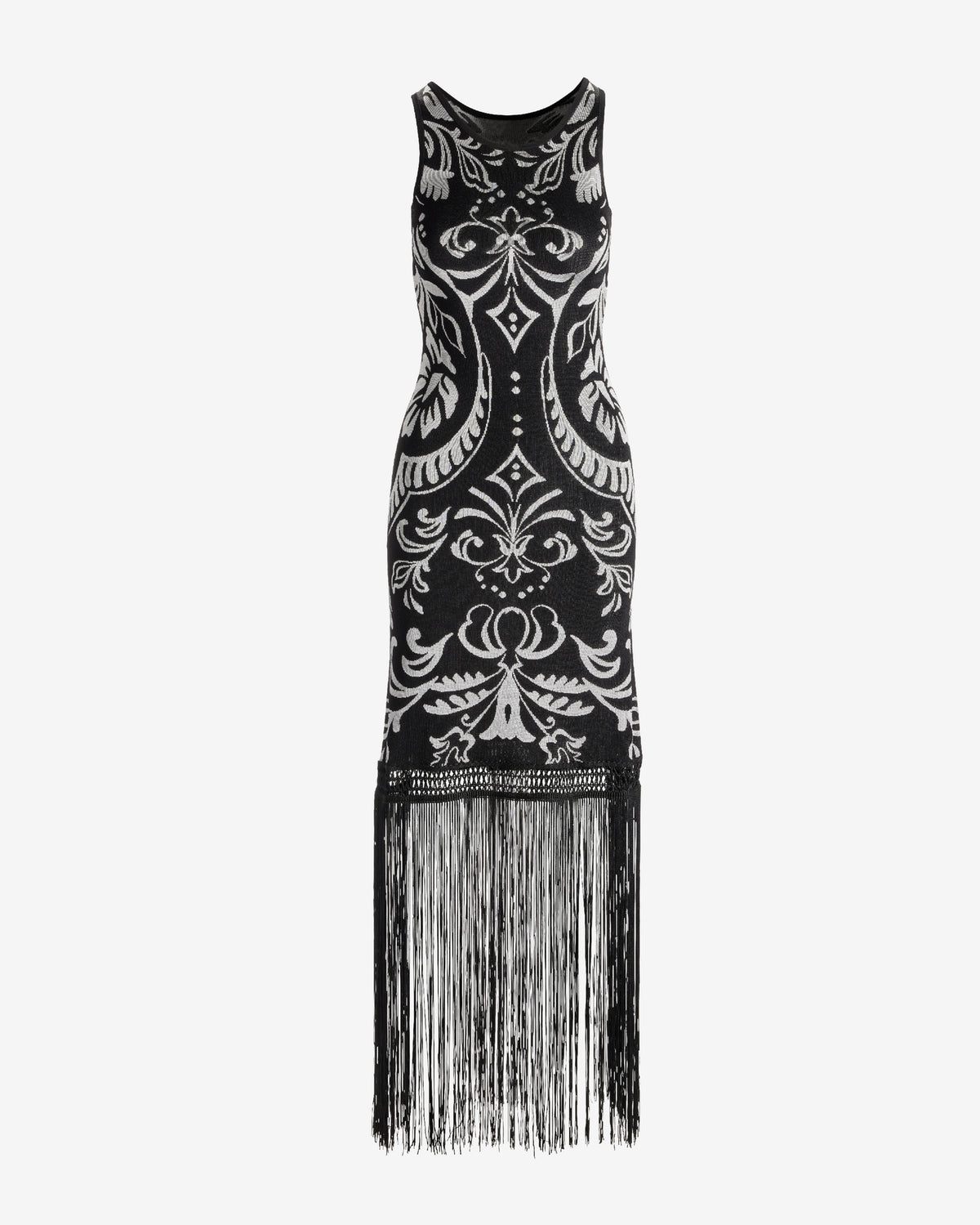 Malibu Intarsia Fringe Maxi Dress Black/White