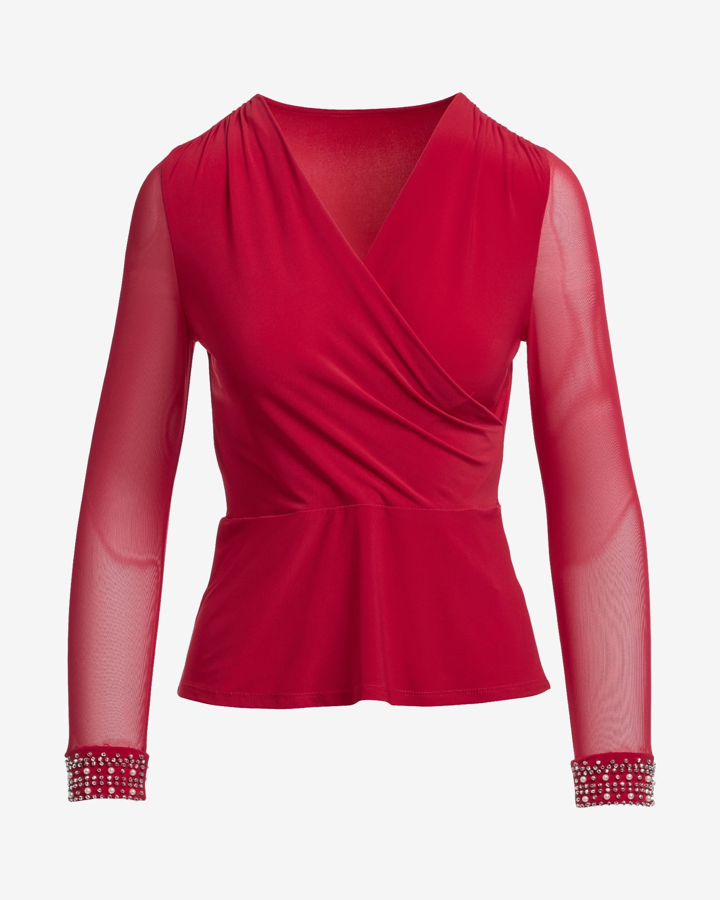 Pearl and Rhinestone Embellished Sleeve Surplice Knit Red