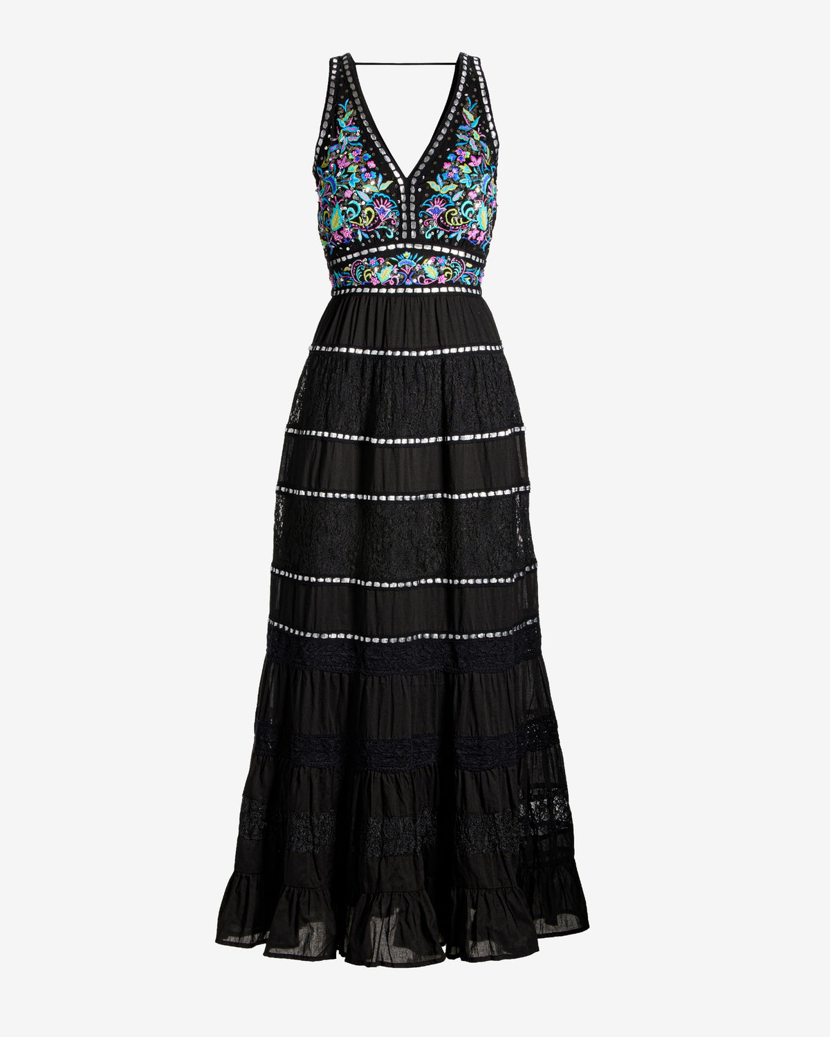 Embroidered and Embellished Tiered Lace Inset Maxi Dress Black