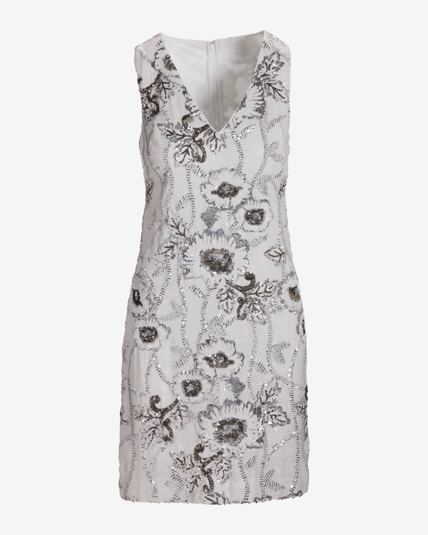 V Neck Sequin Embellished Shimmer Linen Sheath Dress White Silver