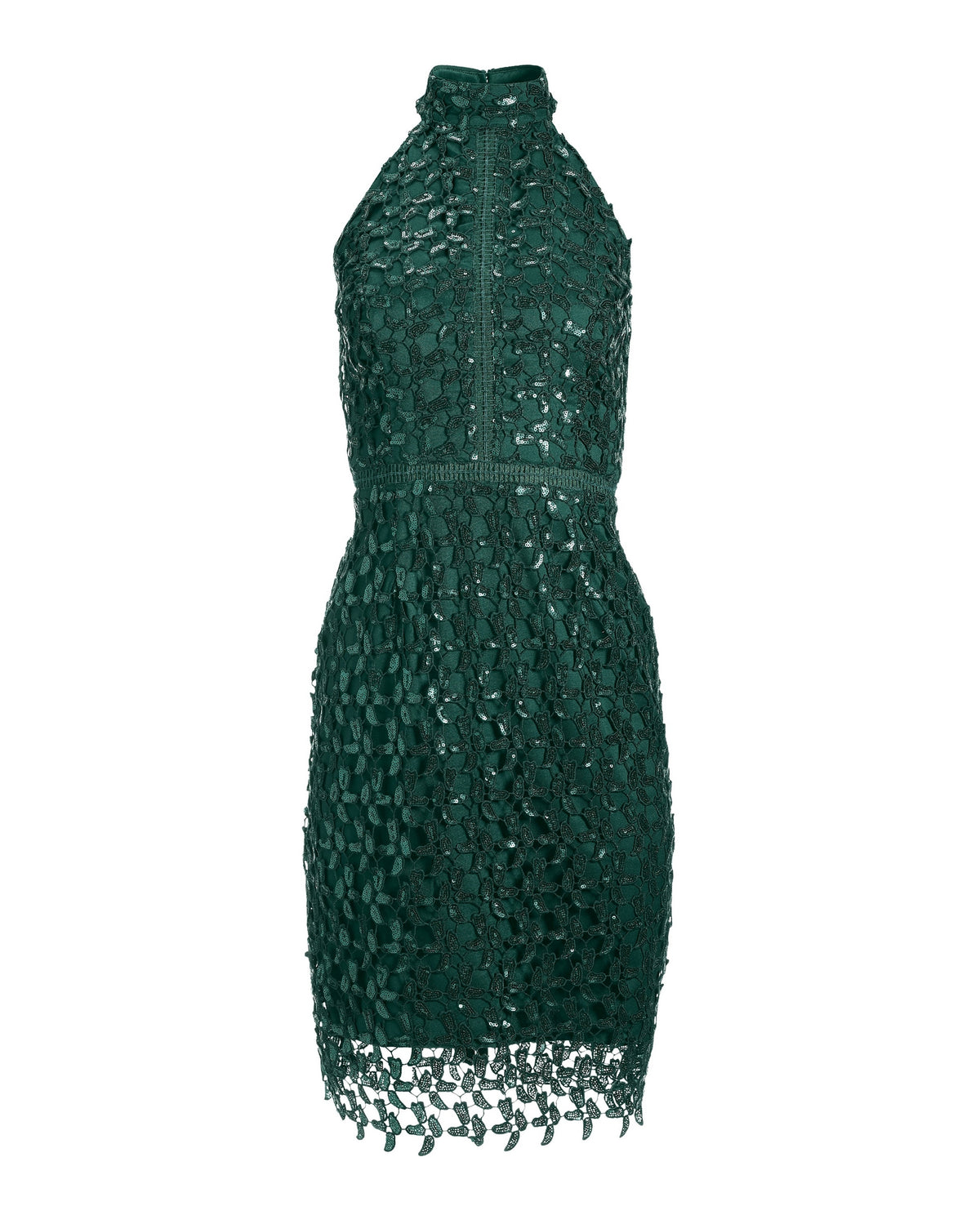 Sequin Lace Mock Neck Sheath Dress Deep Emerald
