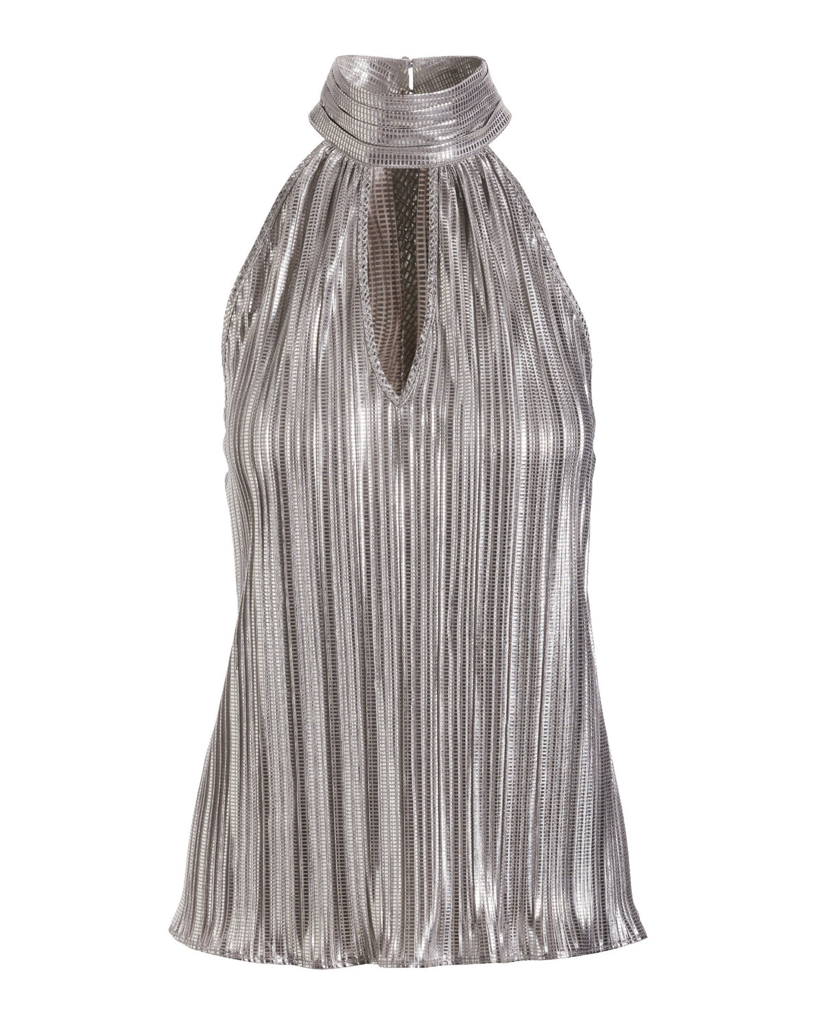 Metallic Mock Neck Keyhole Pleated Blouse Silver