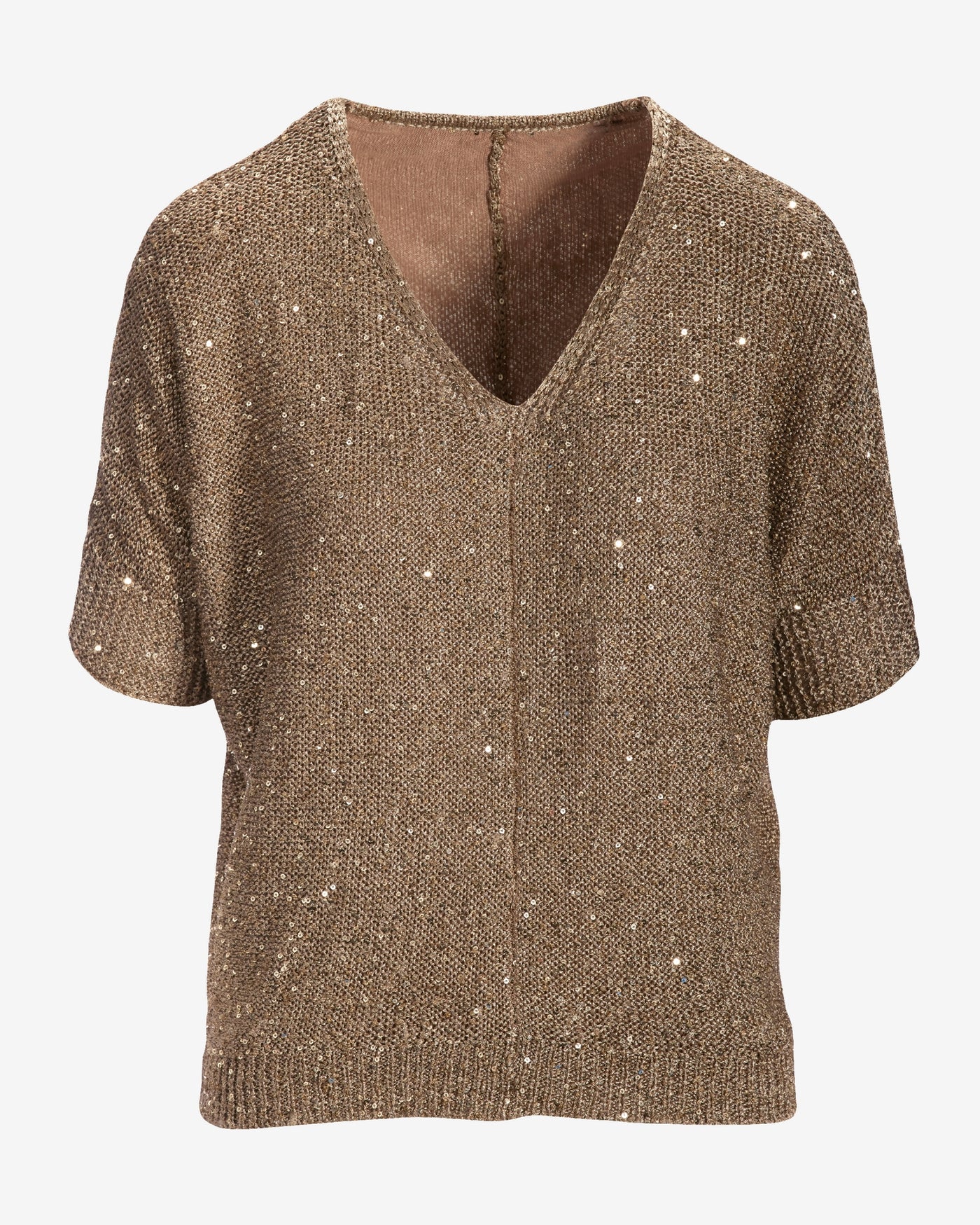 Sequin Effortless V Neck Sweater Tan