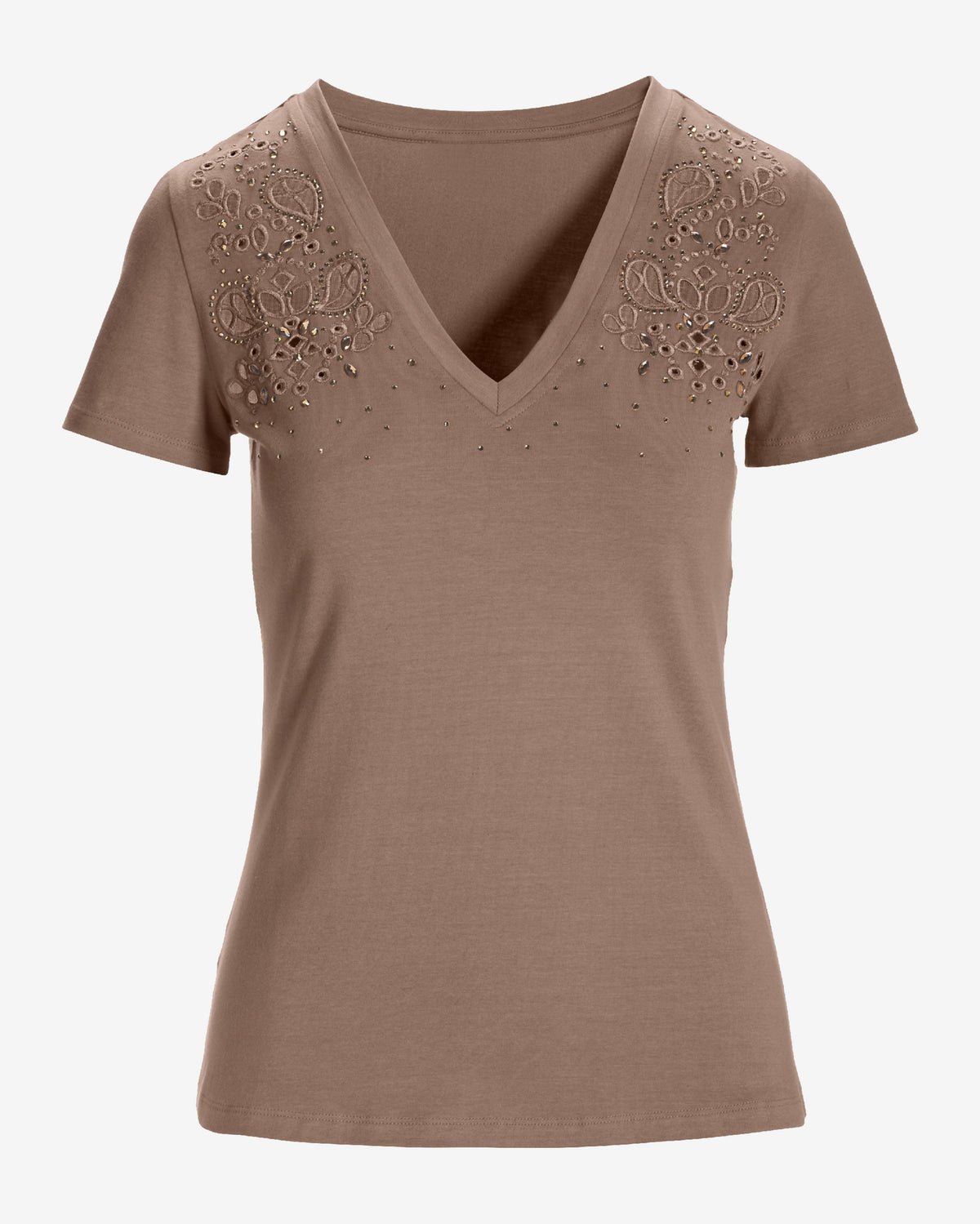 Rhinestone Eyelet V Neck Tee Dune