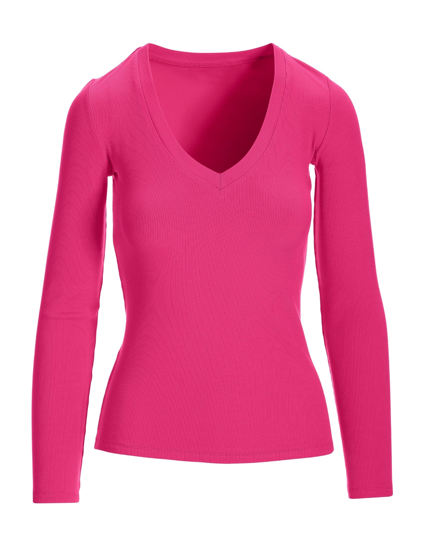 So Essential Ribbed V Neck Long Sleeve Top Pink Peacock