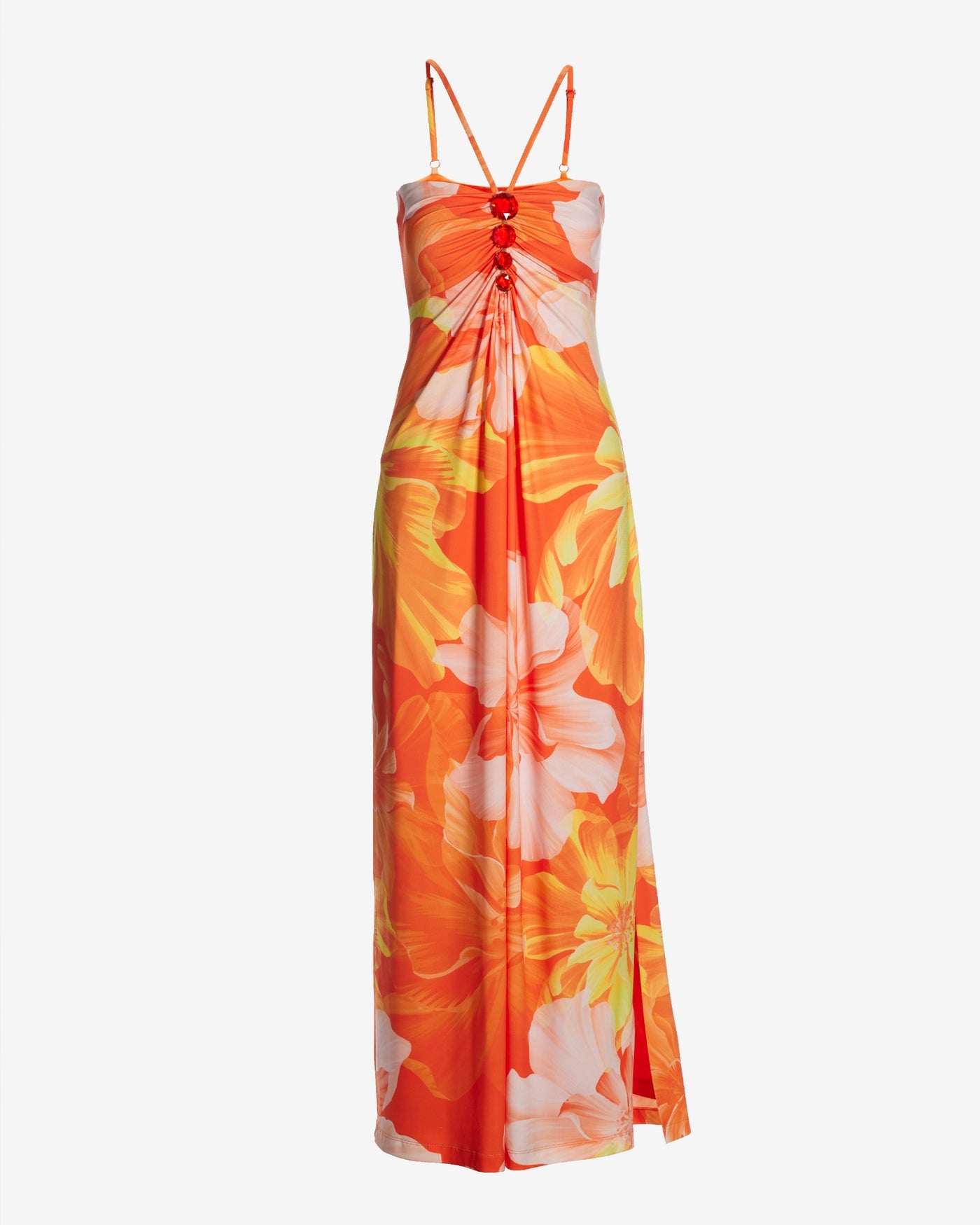Exploded Floral Print Gem Detailed Halter Maxi Dress Orange Multi