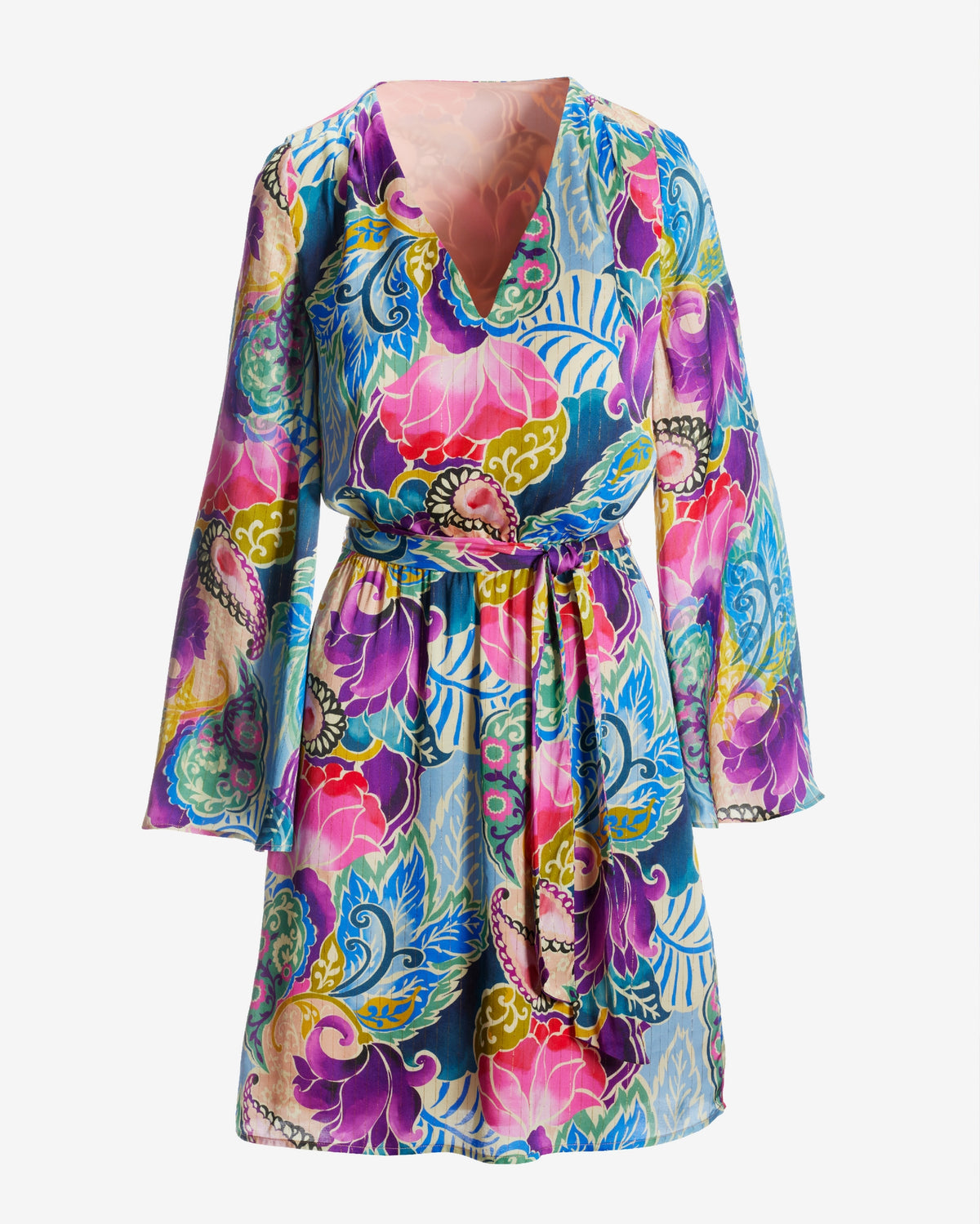 Jeweled Paisley Print Flare Sleeve Dress Multi