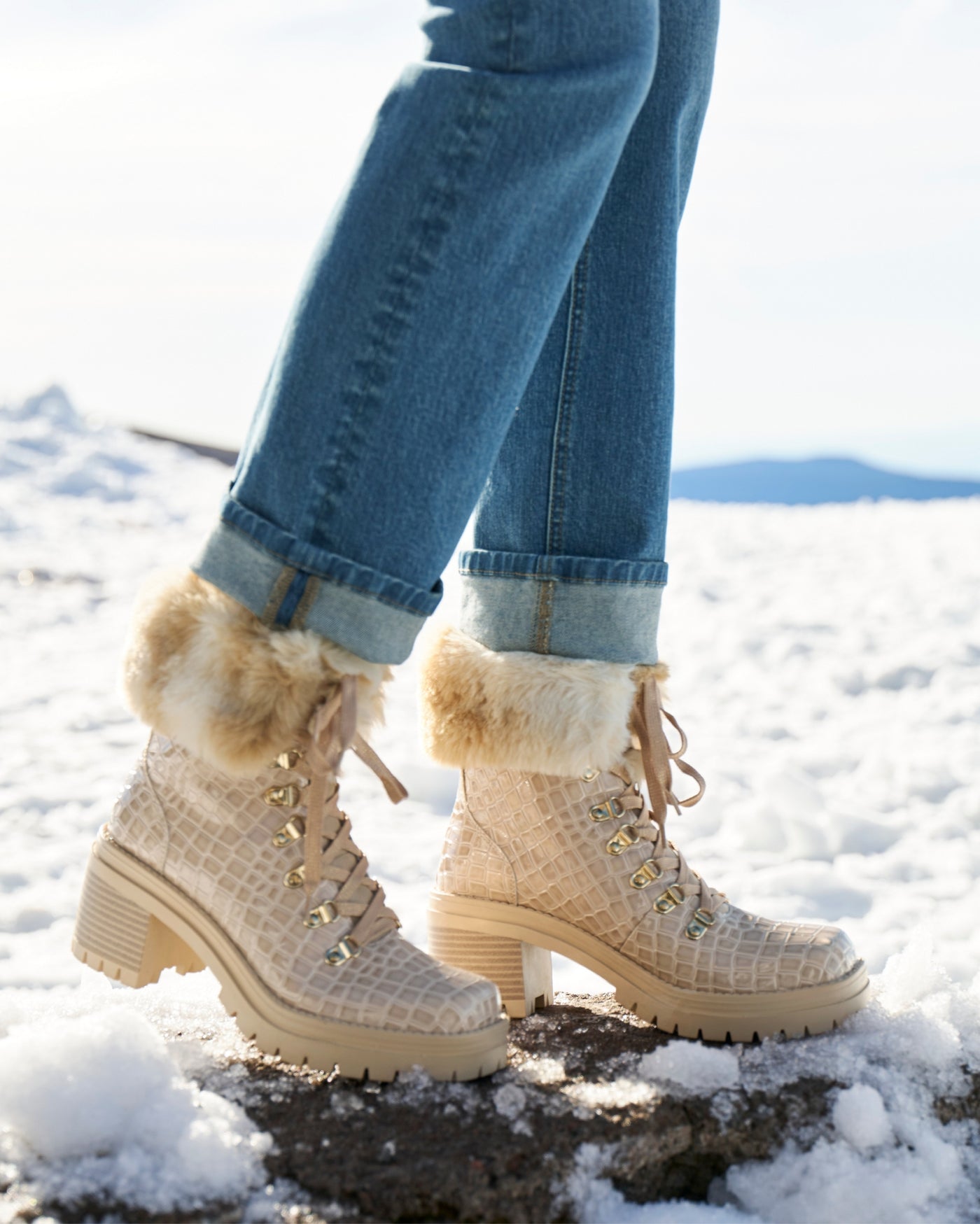 Croco Fur Lace Up Bootie Neutral