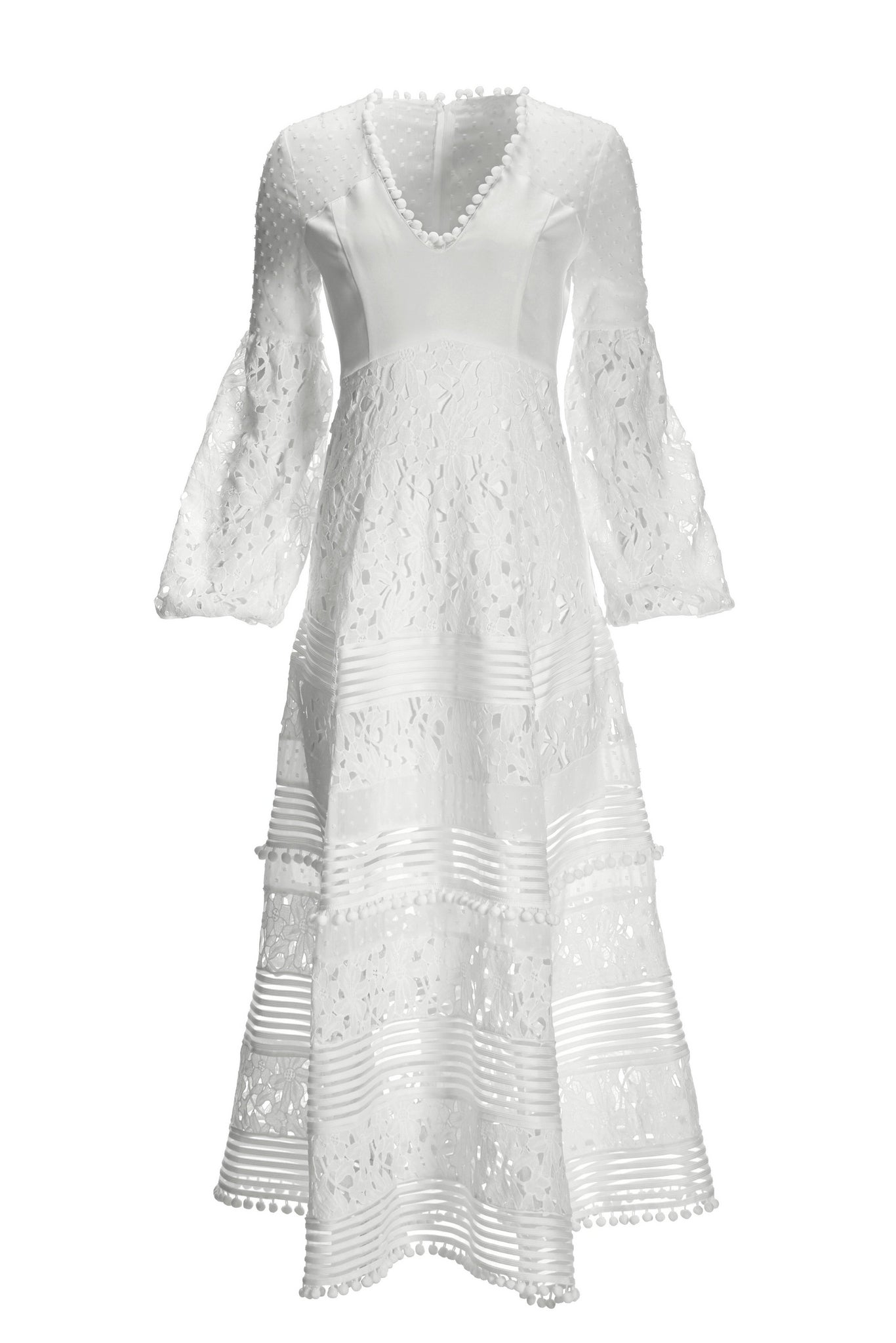 Long Sleeve Lace Pom Pom Dress White