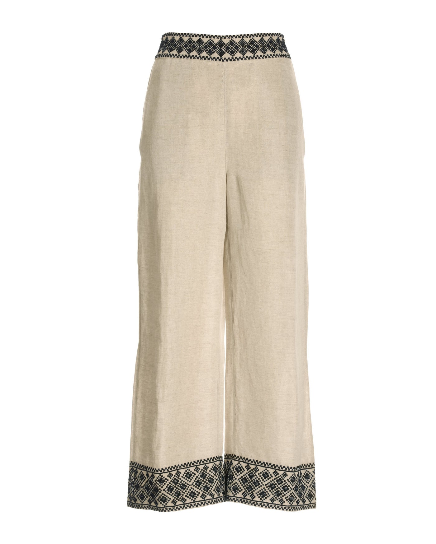 Malibu Embroidered Linen Pull On Crop Pant Flax/Black