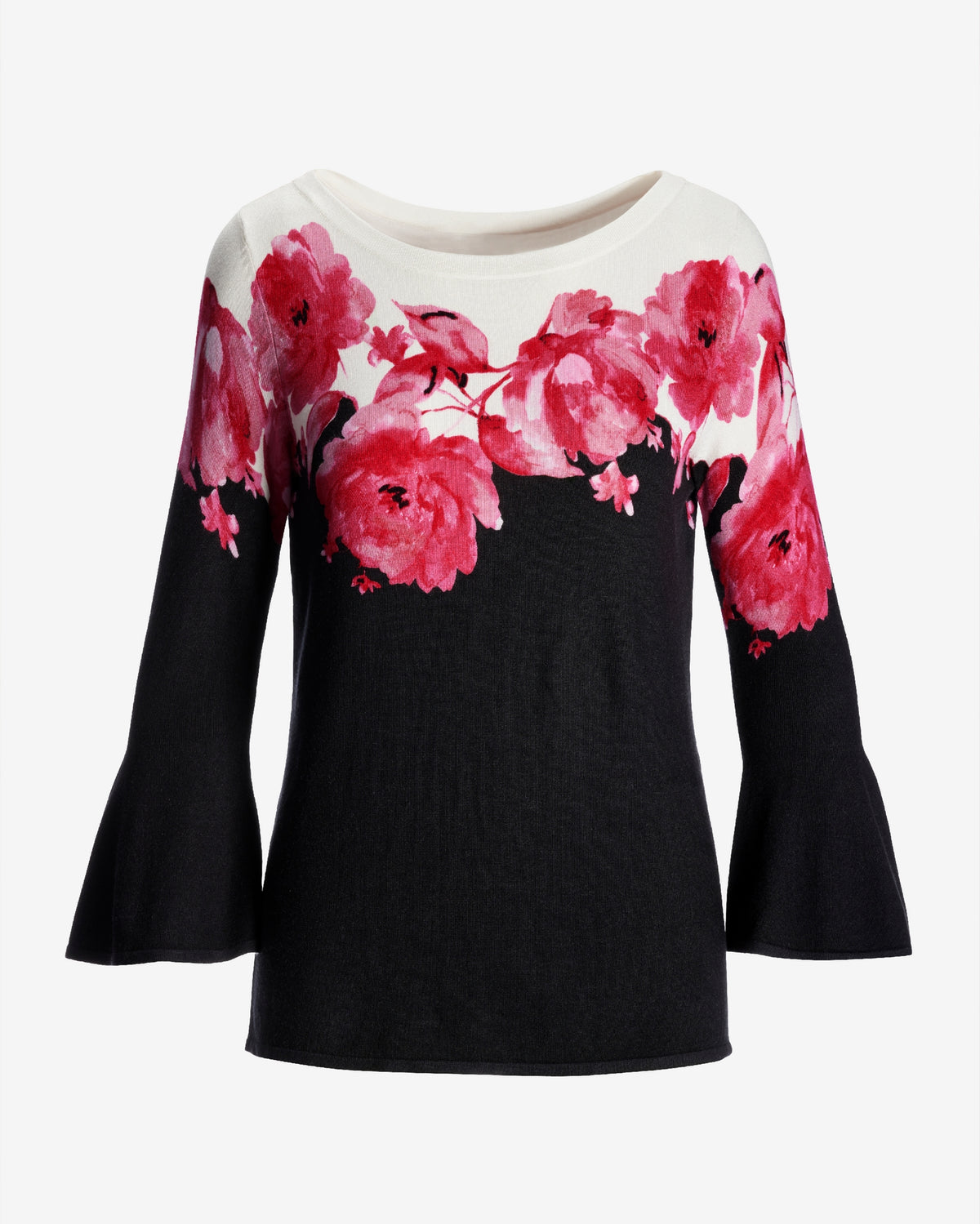 Floral Boatneck Flare Sleeve Sweater Pink