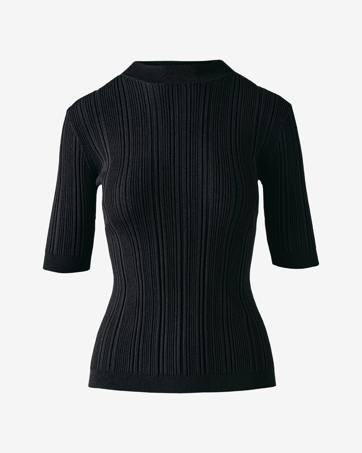 Variegated Rib Elbow Sleeve Mock Neck Sweater Black
