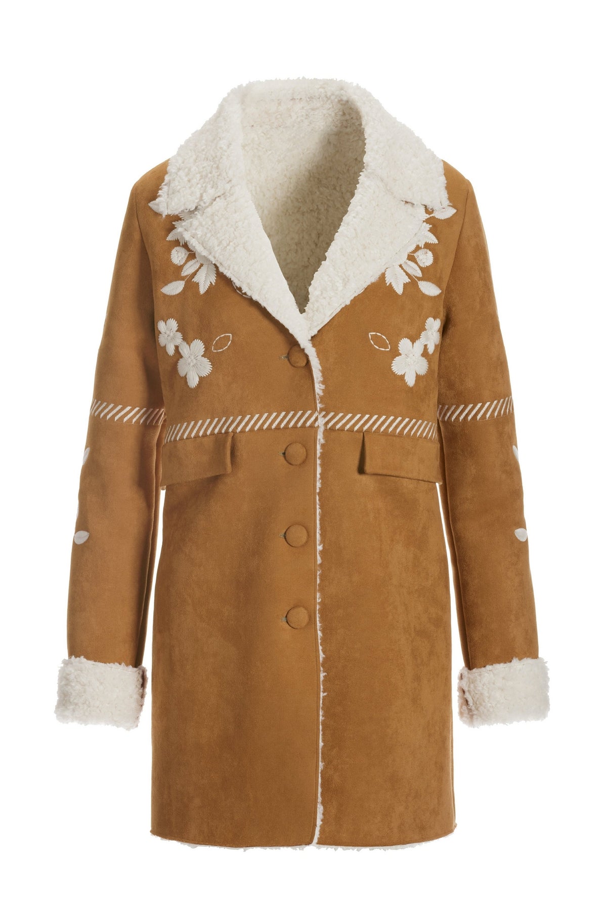Faux Suede Shearling Embroidered Coat Camel