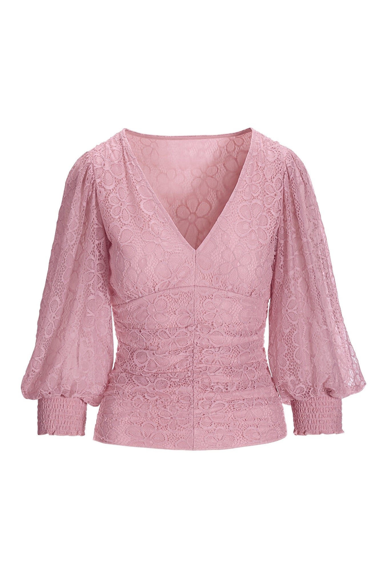 Lace Ruched V Neck Knit Top Pale Pink