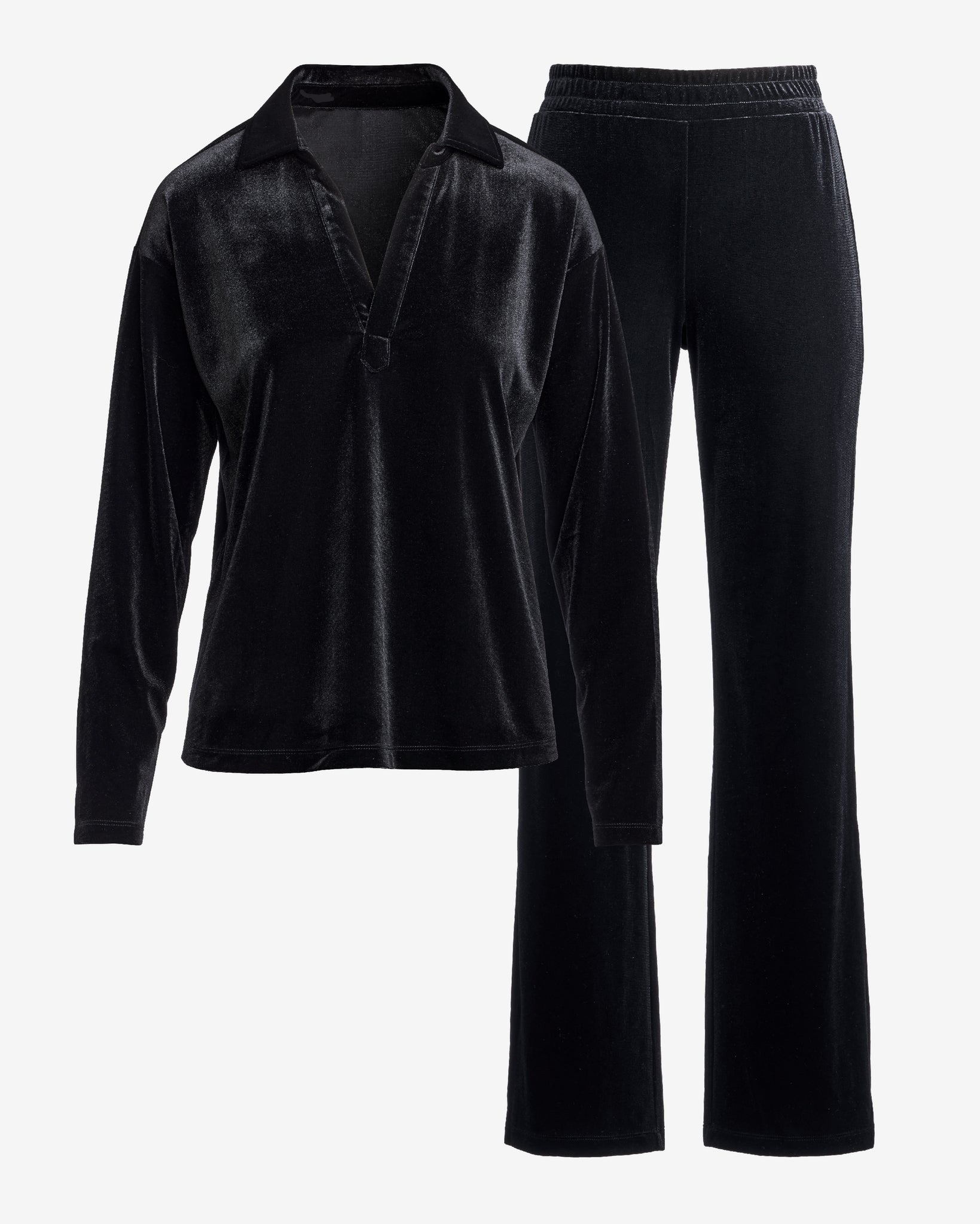 Chic Velour Collared V Neck Wide Leg Pant Set Black | Boston Chic Velour Collared V Neck Wide Leg Pant Set Black | Boston