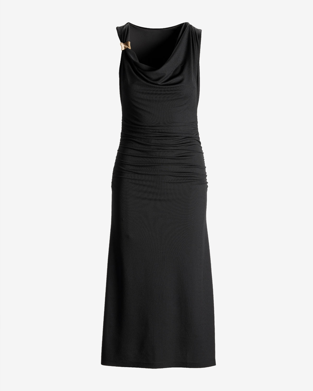 Cowl Neck Hardware Detail Ruched Knit Sheath Dress Black