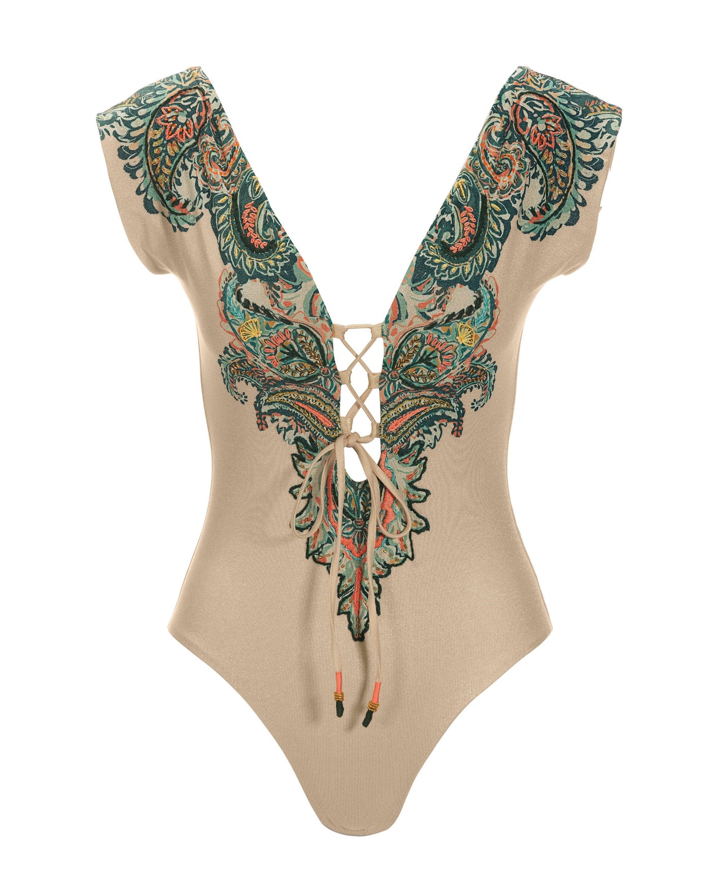 Paisley Embroidered Lace-Up Plunge One-Piece Swimsuit Ivory Multi