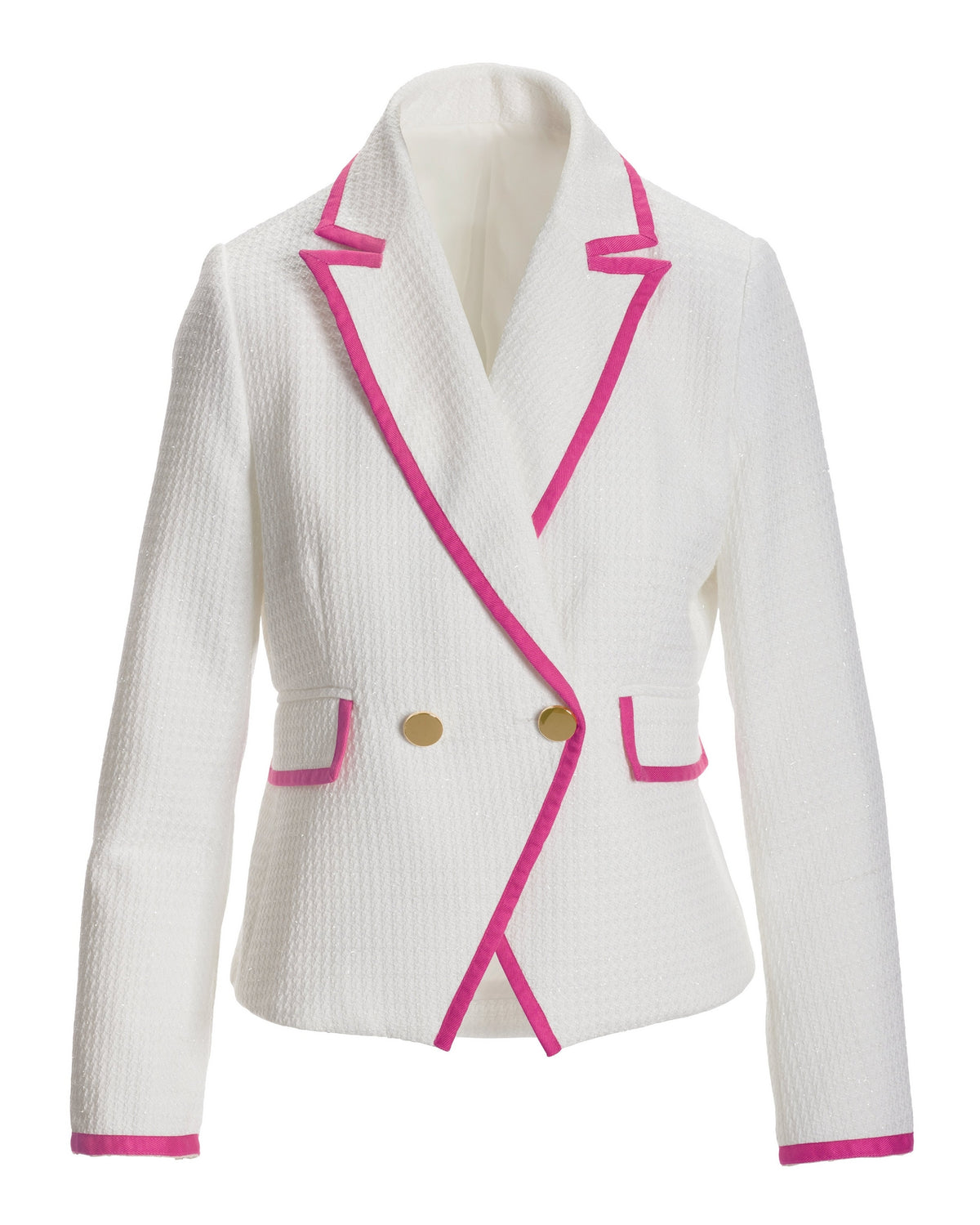 Shimmer Tweed Piped Double Breasted Blazer White/Pink