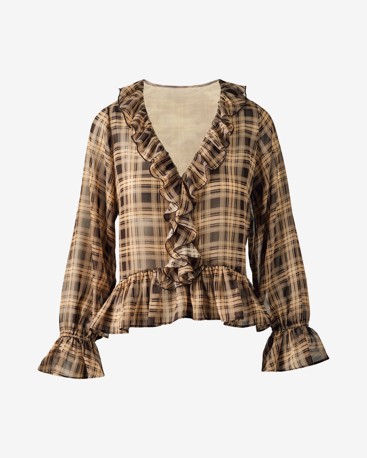 Printed Ruffle Blouse Plaid Fete