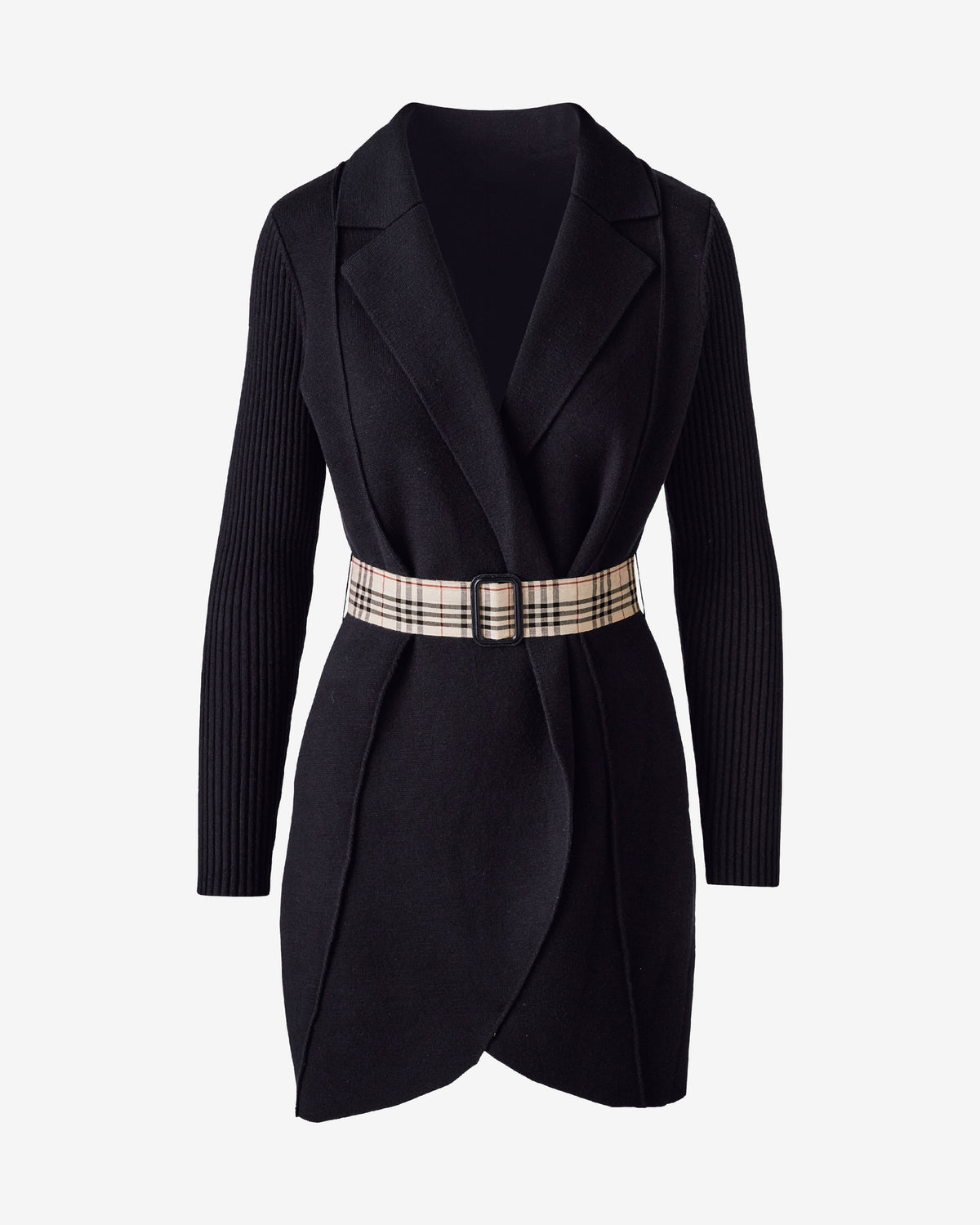 Draped Cardigan with Plaid Belt Black