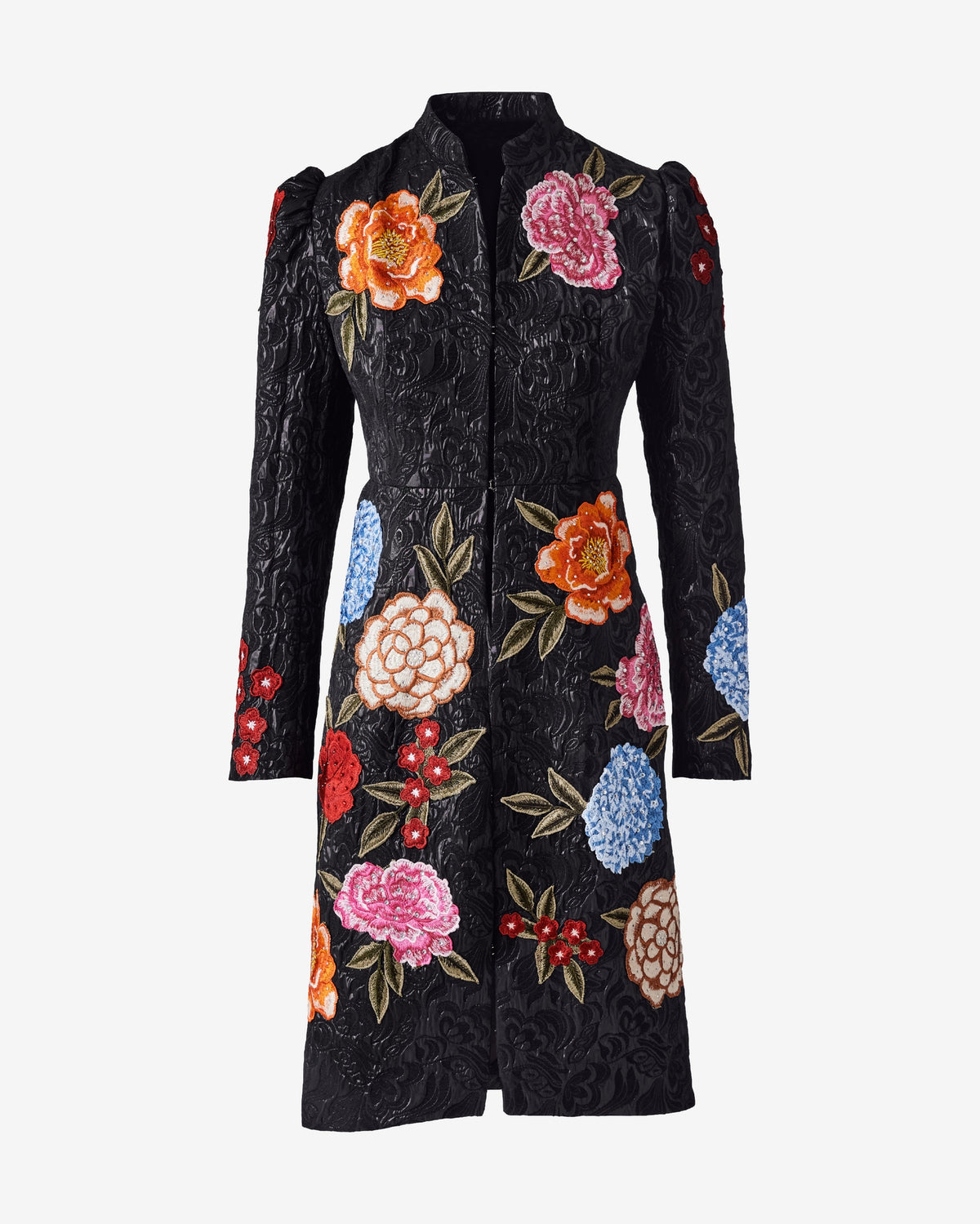 Exploded Floral Applique Embellished Brocade Jacket Black