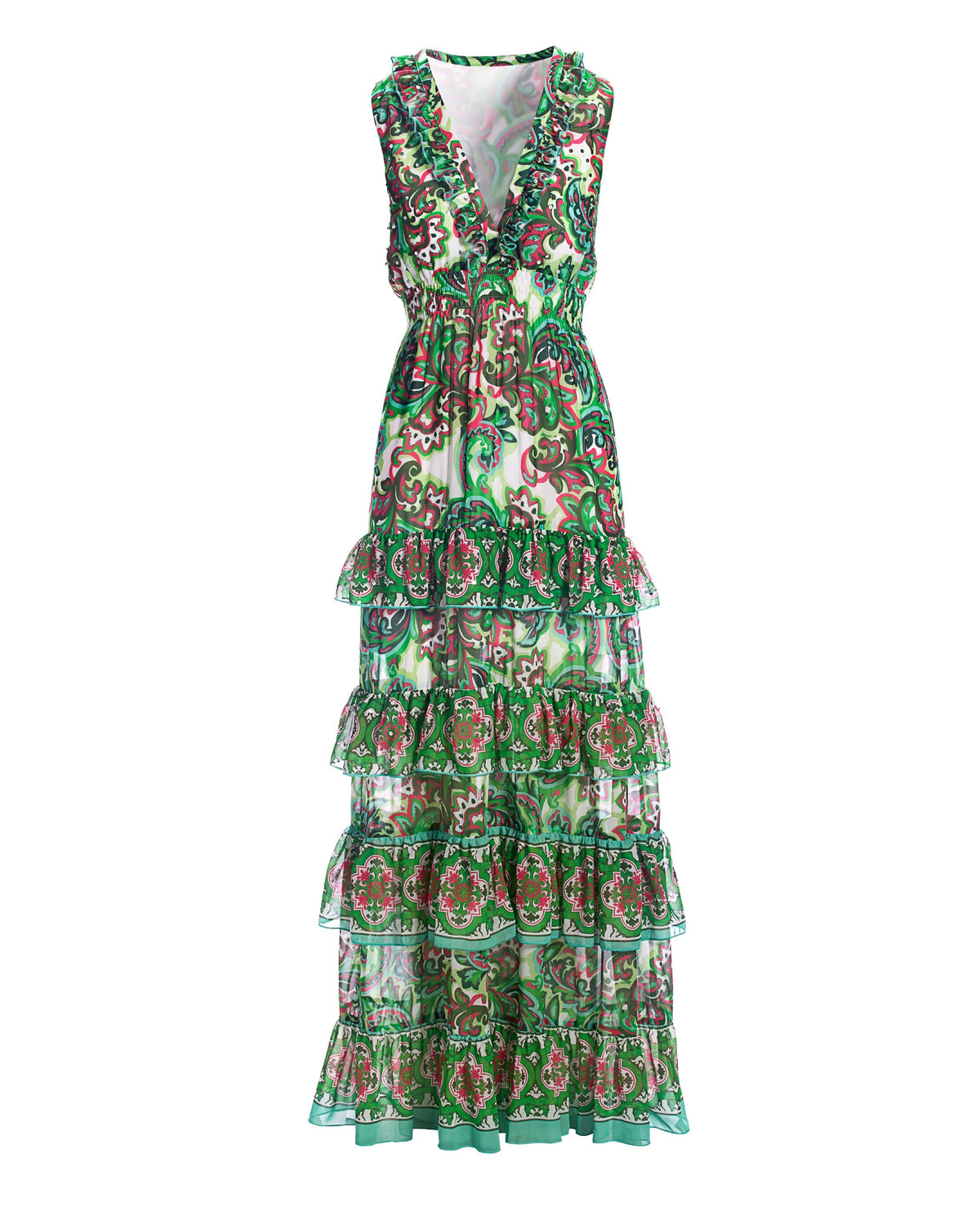 Palma De Scrolls Print Ruffle Tiered Maxi Dress Pink/Green