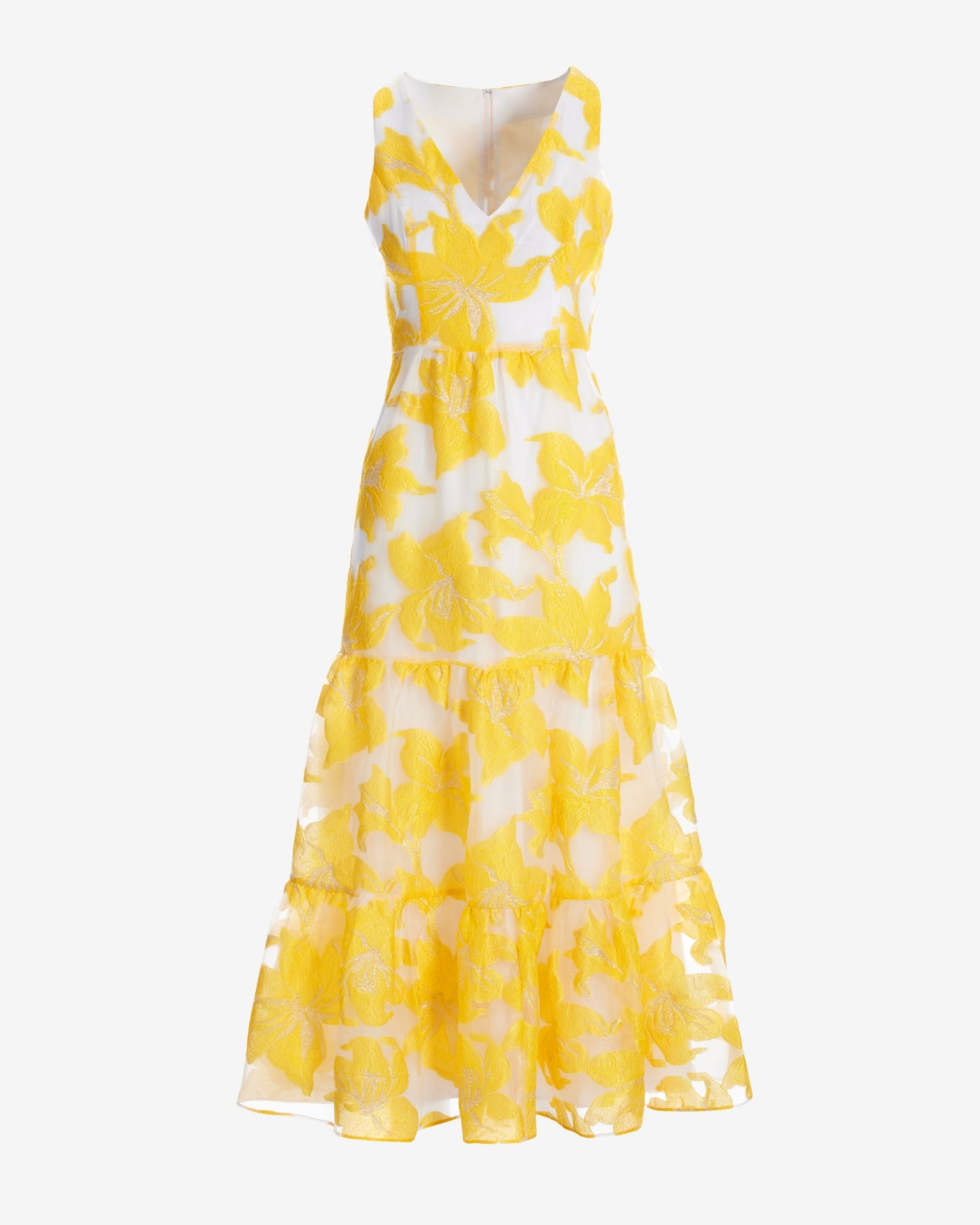 Exploded Metallic Floral Jacquard Organza Tiered Ankle Length Dress Yellow Multi