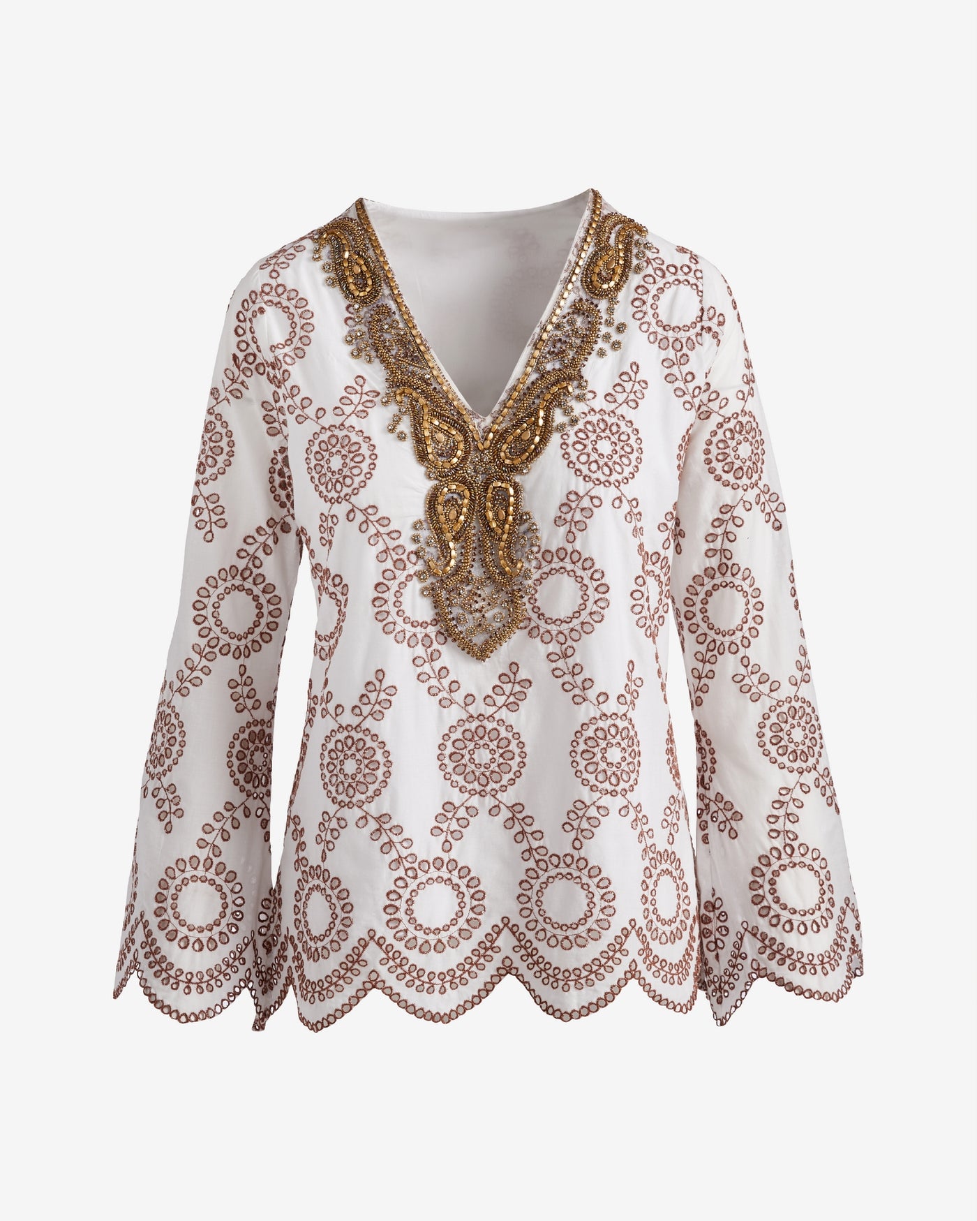 Embellished Scallop Eyelet Tunic Brown Multi