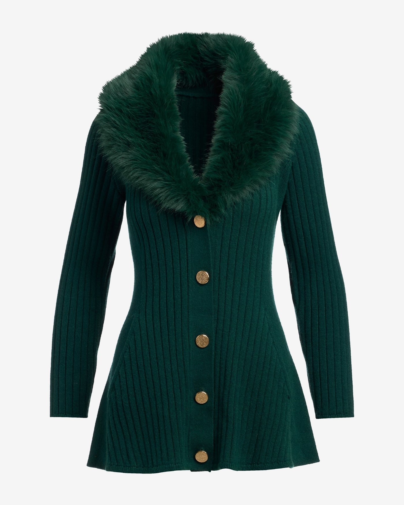 Faux Fur Trim Button Up A-Line Cardigan Emerald