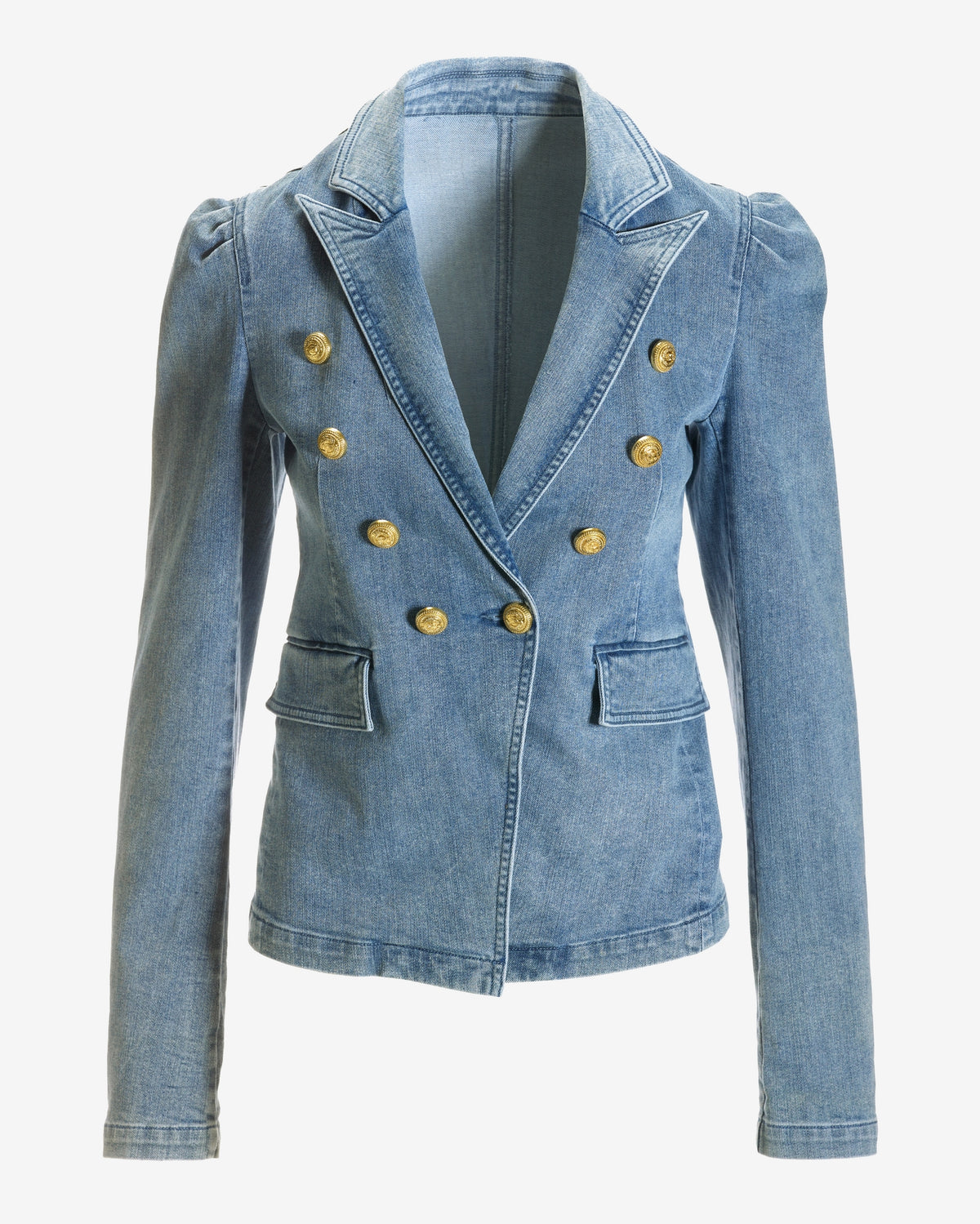 Puff-Sleeve Double-Breasted Denim Blazer Light Med Wash