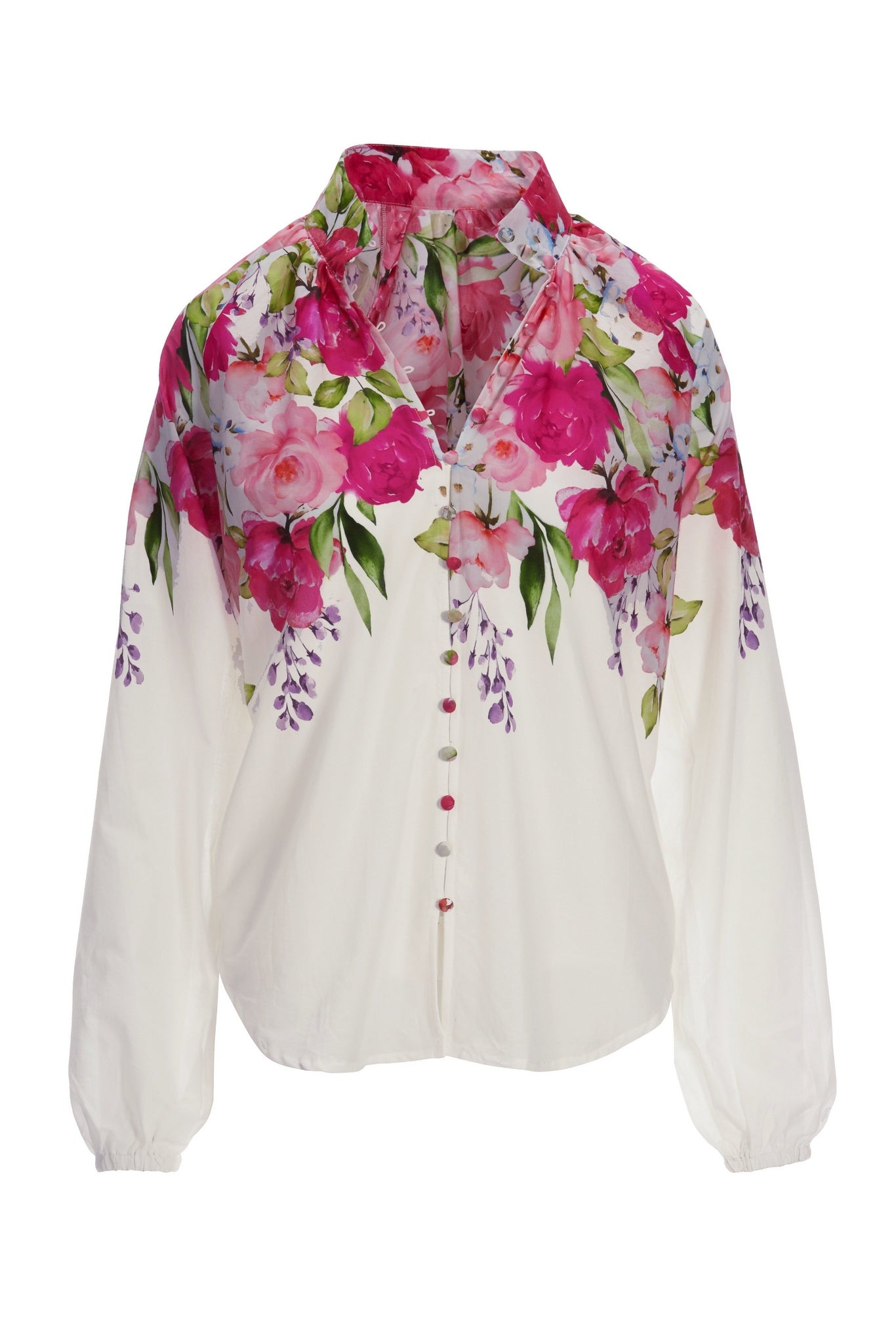 Garden Party Print Balloon-Sleeve Peasant Shirt Pink Multi