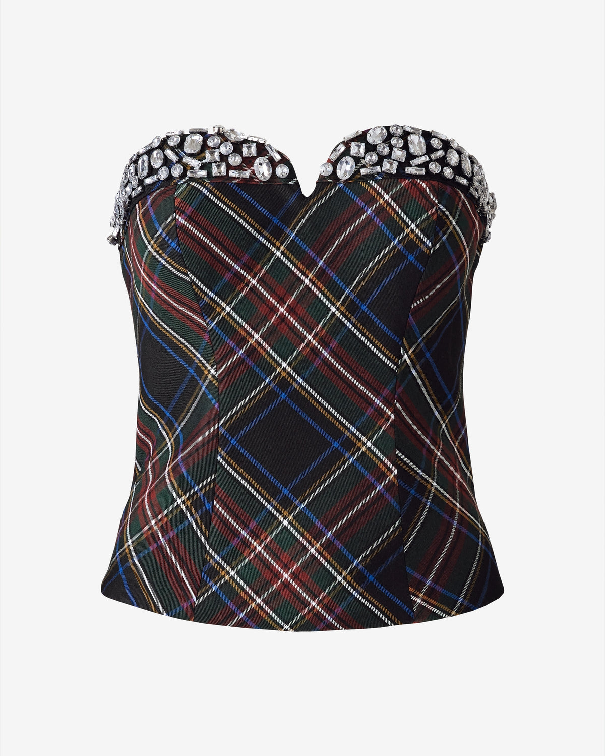 Plaid Embellished Strapless Shell Black Multi