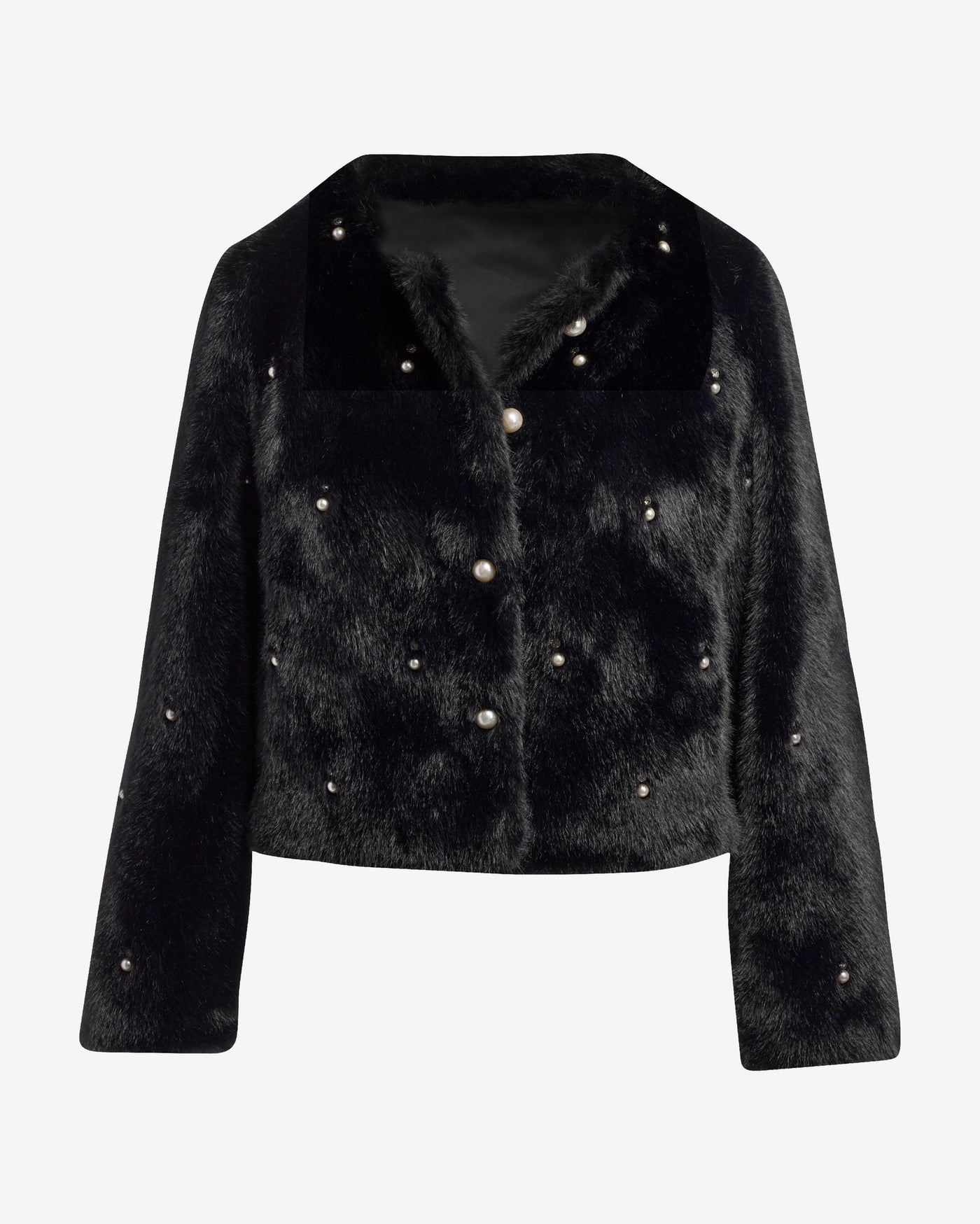 Pearl Embellished Faux Fur Collarless Chubby Black