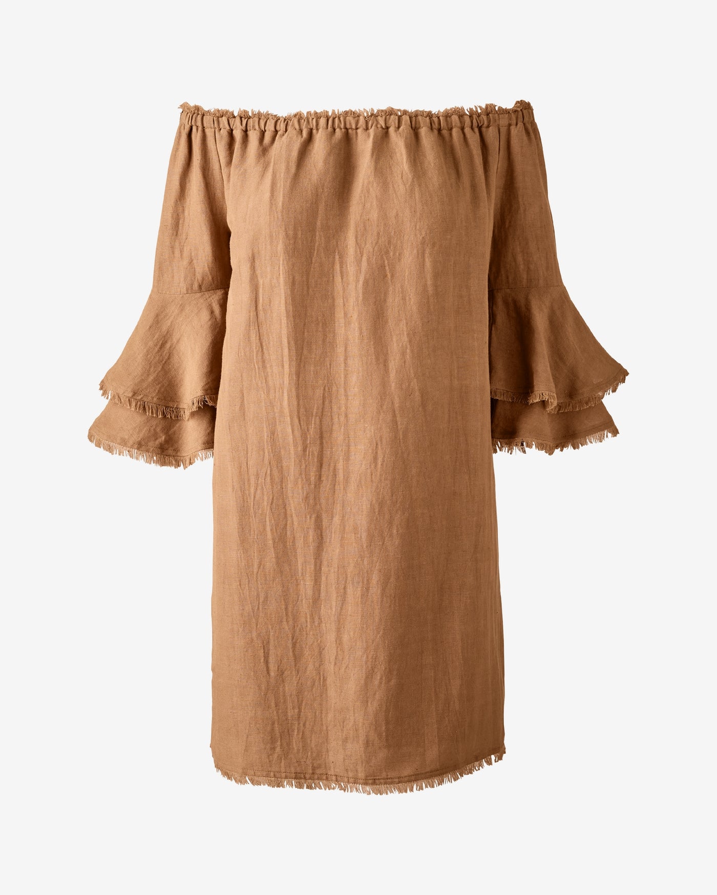 Linen Off The Shoulder Tiered Sleeve Shift Dress Tobacco Brown