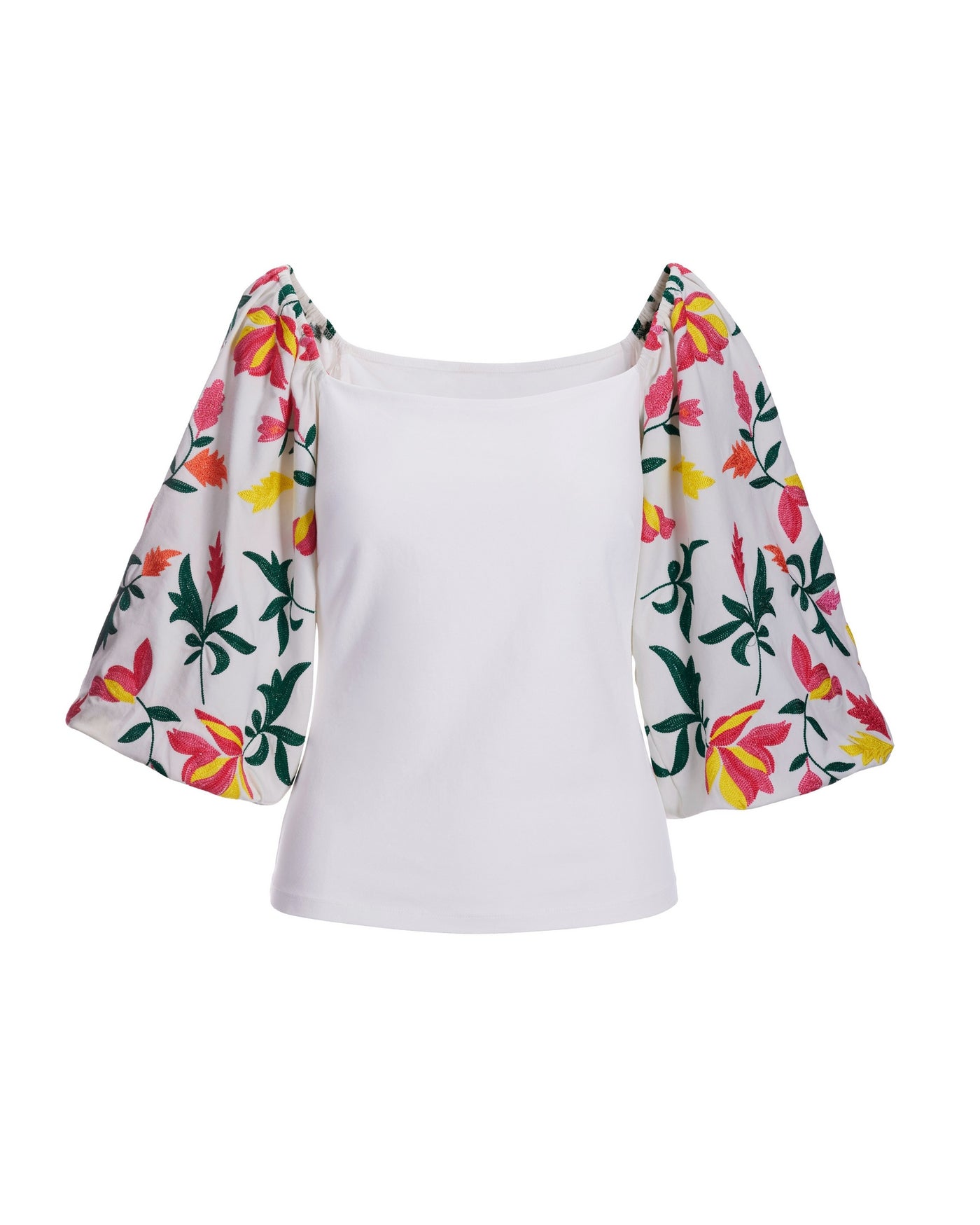 Embroidered-Sleeve Square-Neck Knit Top Multi