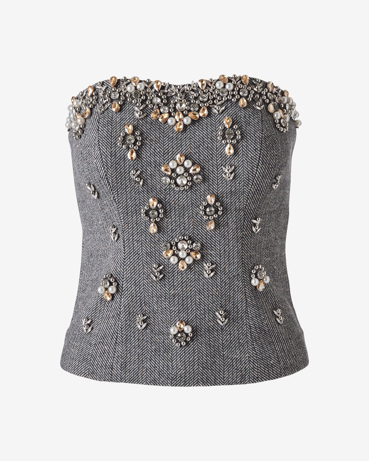 Herringbone Rhinestone Embellished Sweetheart Strapless Top Gold/Gray Multi