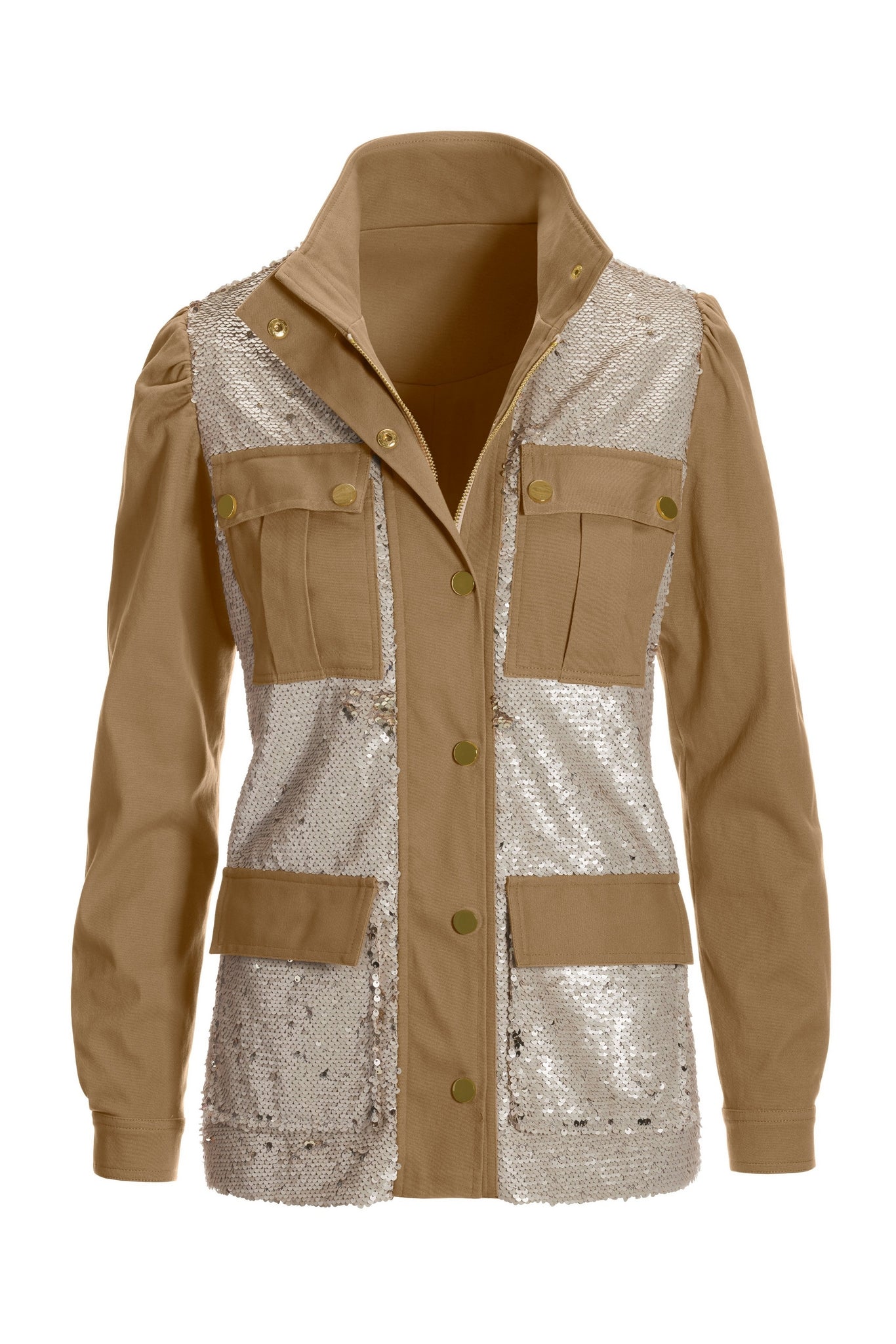 Sequin Embellished Puff Sleeve Utility Jacket Sesame