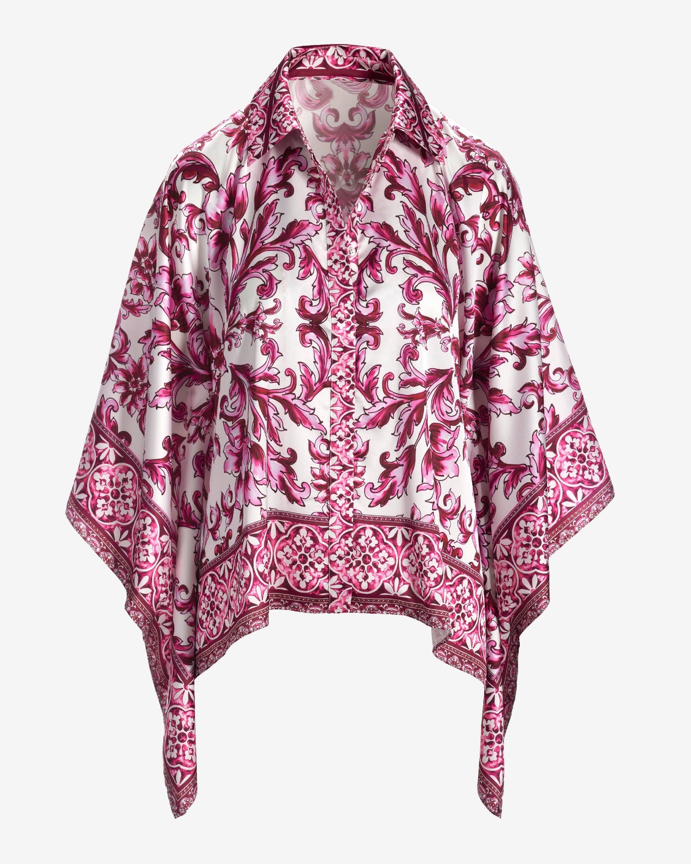 Bella Vita Border Print Roxy Poncho charmeuse blouse Pink Multi