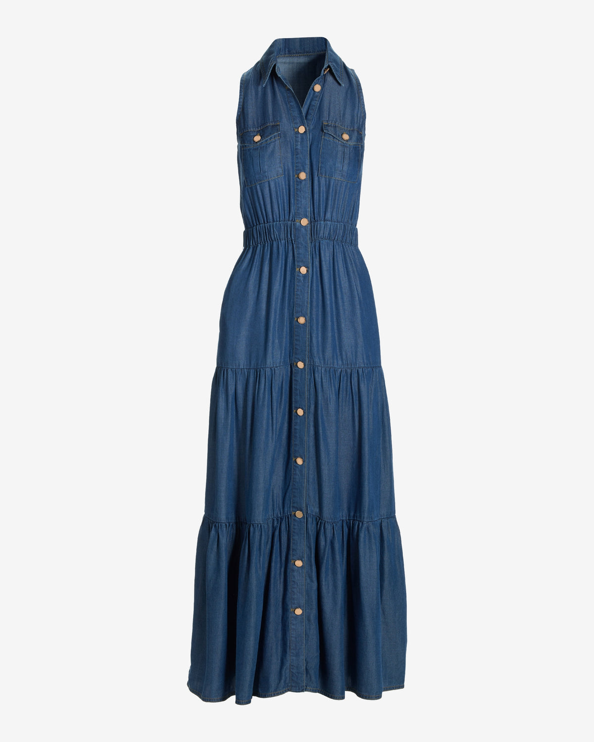 Luxe Chambray Button Up Tiered Maxi Dress Deep Blue